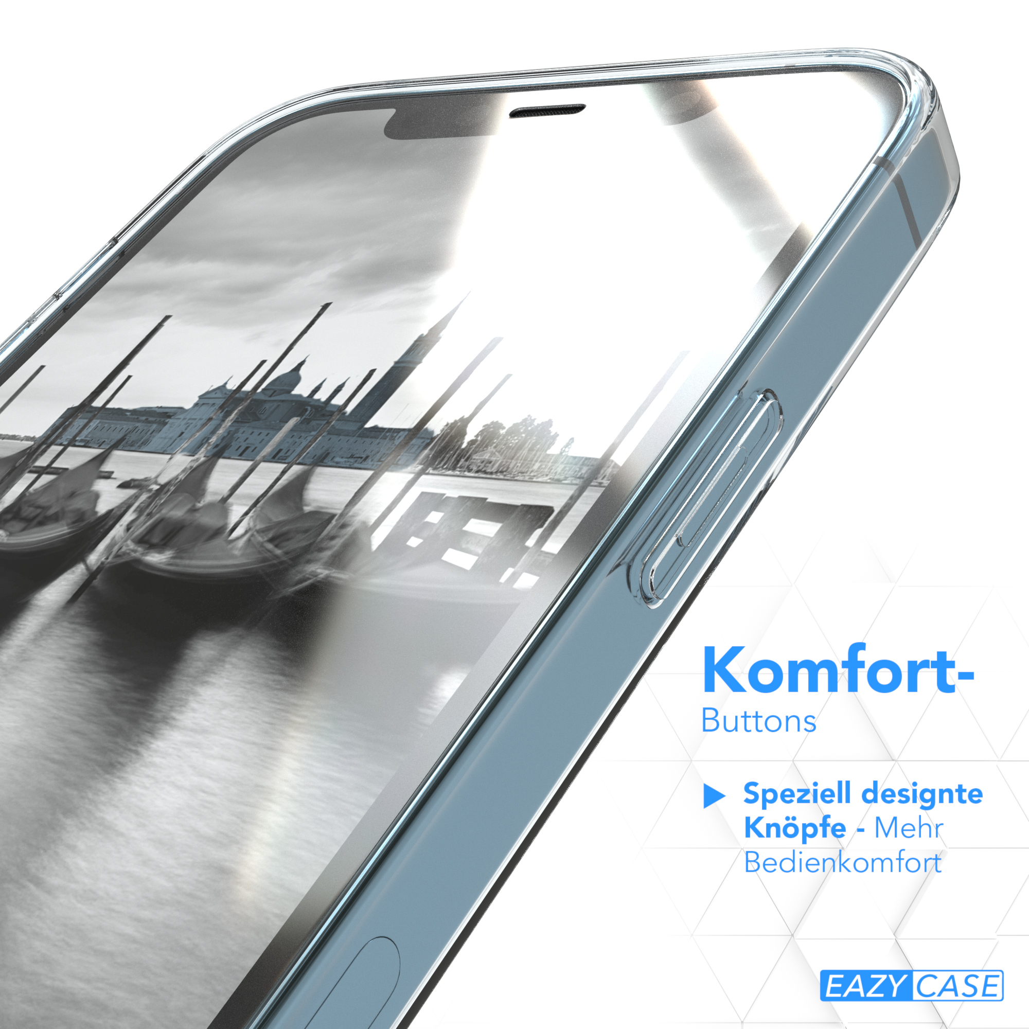 Ein Telefon mit klarer Hülle, eine Stadtszene spiegelt sich auf dem Bildschirm.