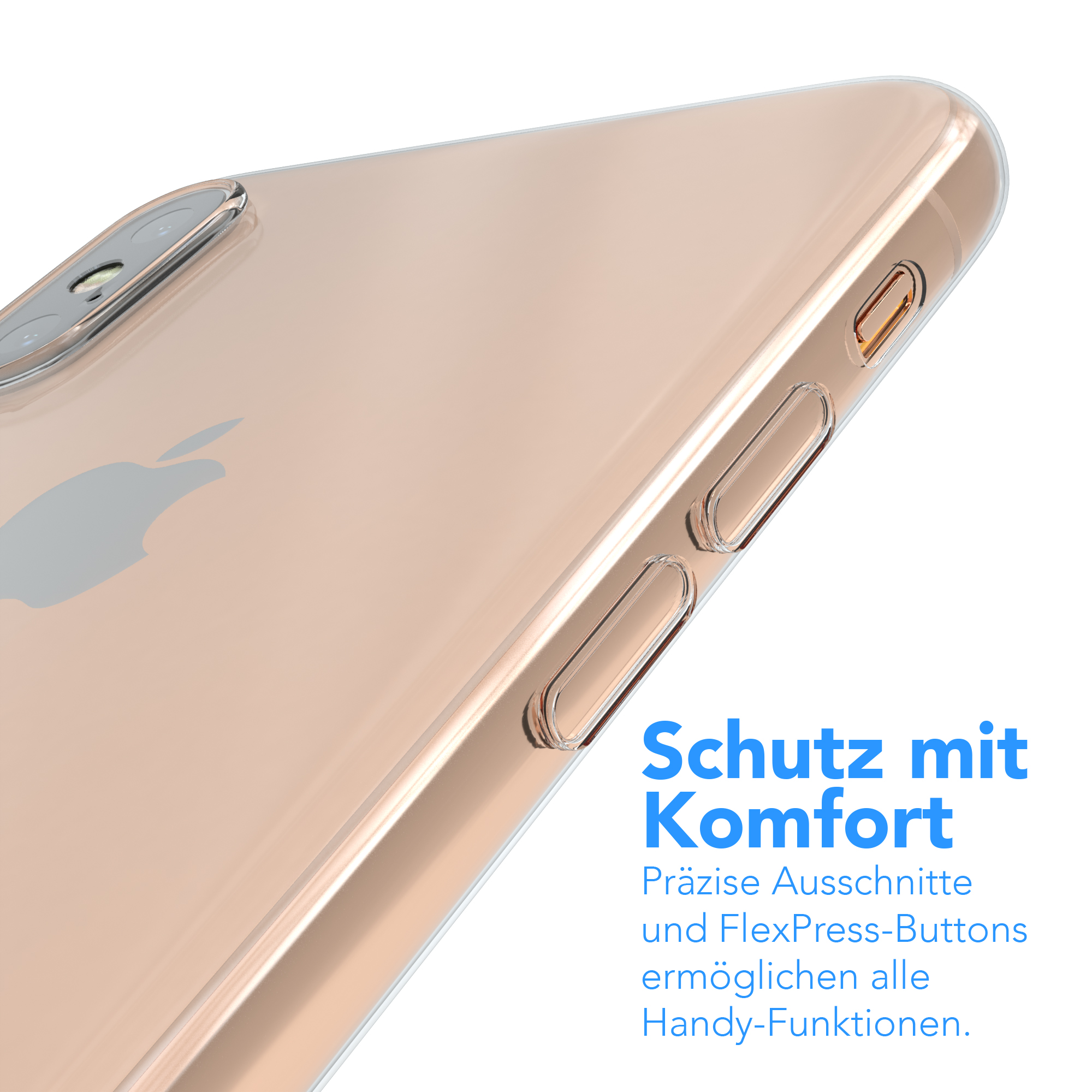 Ein Telefon in einer transparenten Hülle mit Text über Komfort und präzise Aussparungen.