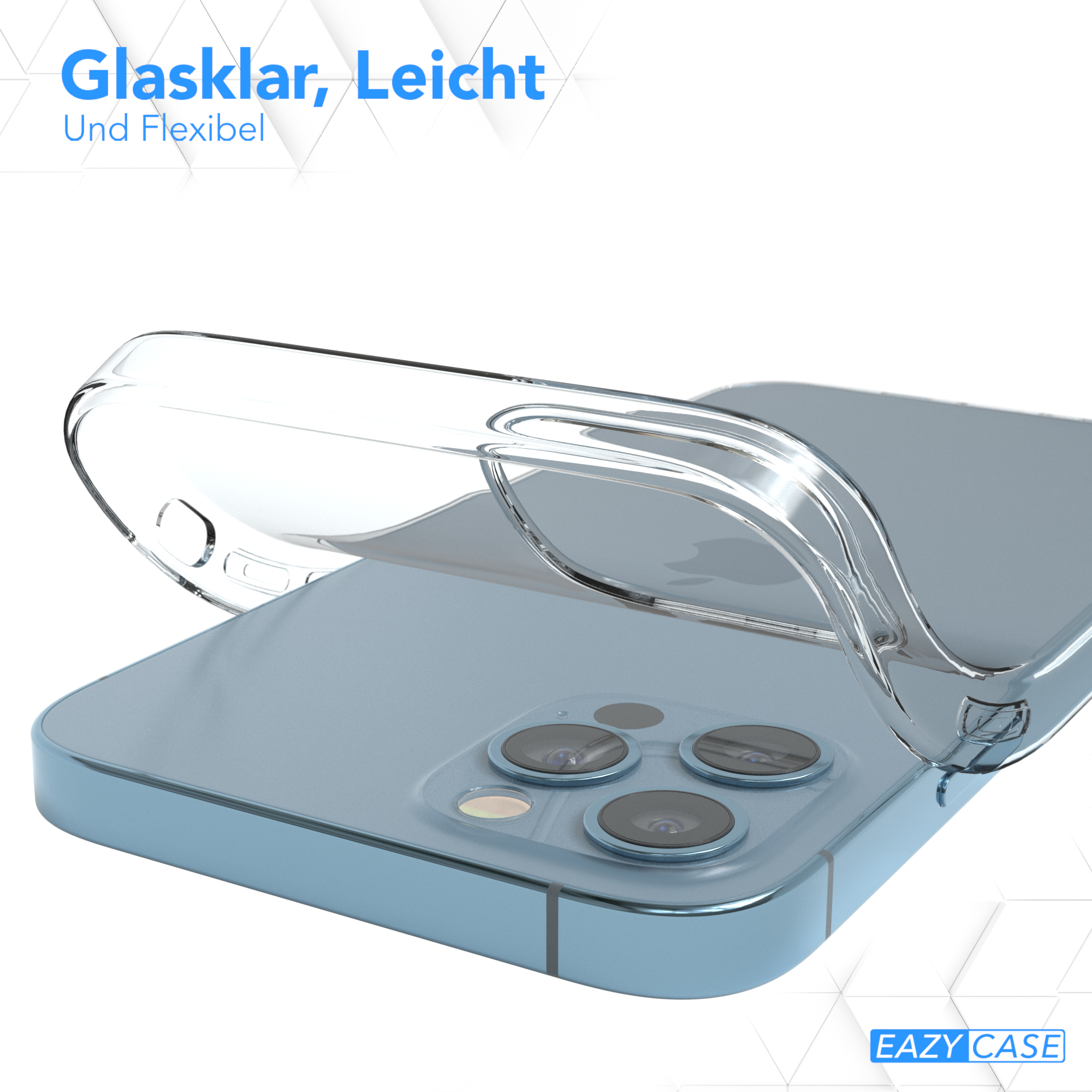 Eine transparente Handyhülle über einem blauen Telefon, mit deutschem Text.