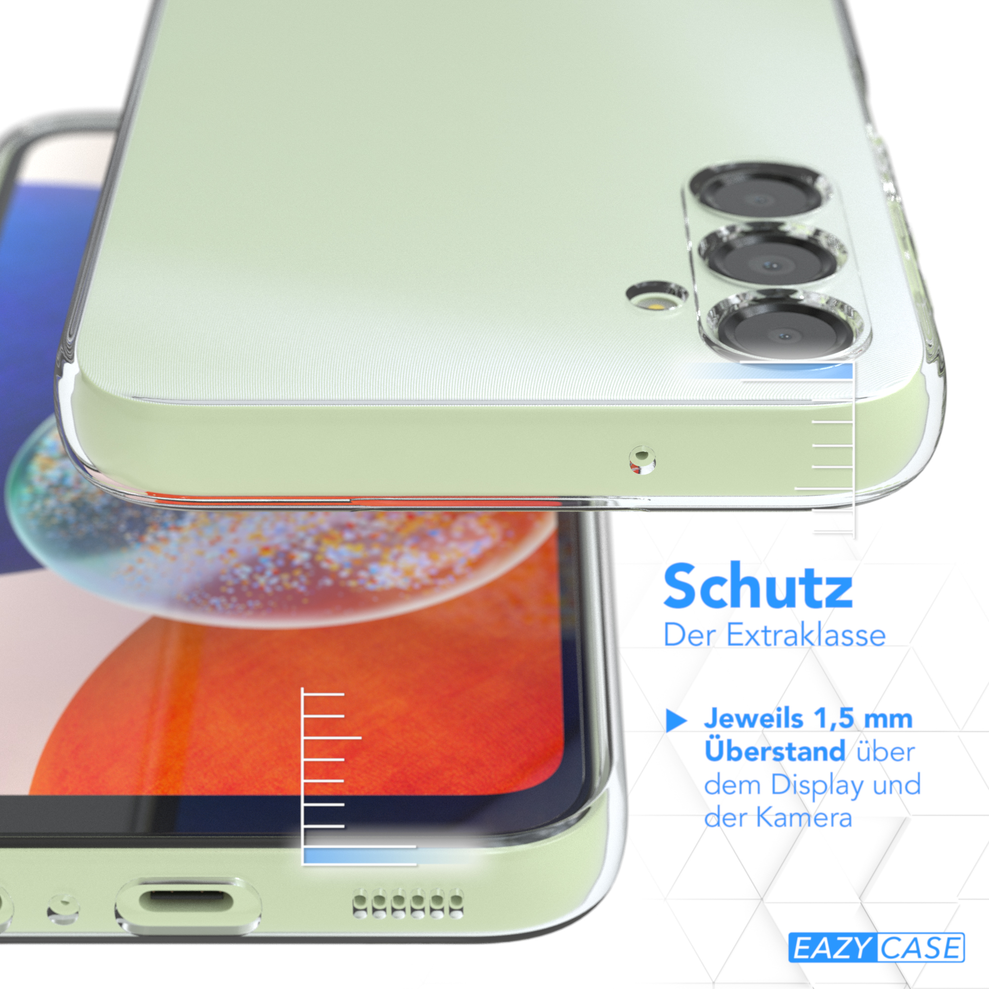 Eine Handyhülle über einem Telefon. Die Hülle ist grün. Text sagt Schutz Der Extraklasse.