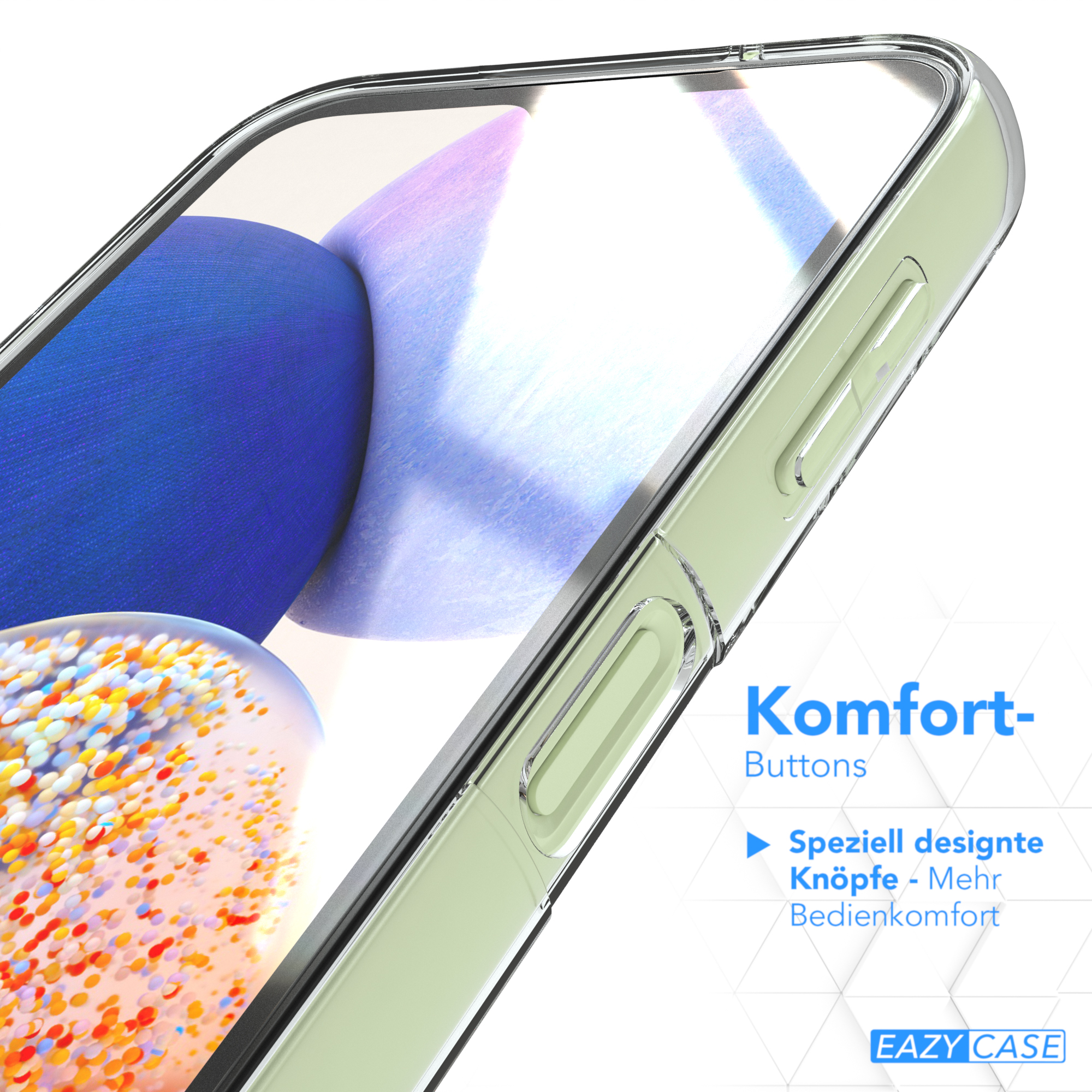 Nahaufnahme einer durchsichtigen Handyhülle mit einem grünen Telefon darin. 'Komfort-Buttons' steht drauf.