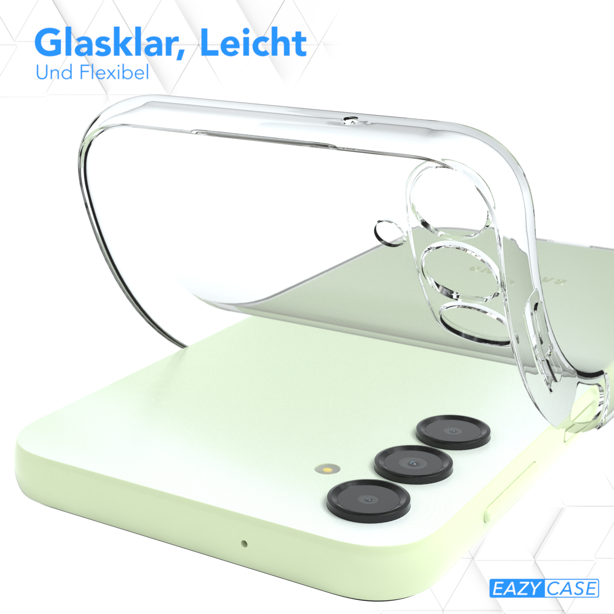 Eine transparente Handyhülle auf einem grünen Telefon. Die Hülle ist flexibel mit Kameraausschnitt.