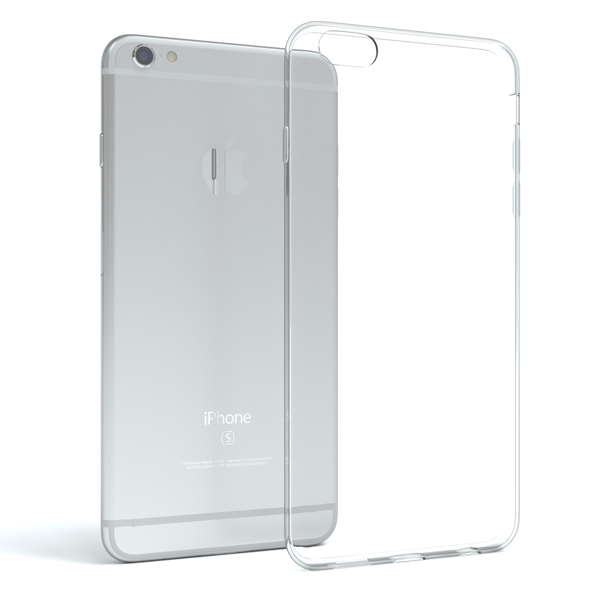 Ein silbernes iPhone mit einer durchsichtigen Hülle, stehend auf einer weißen Oberfläche.