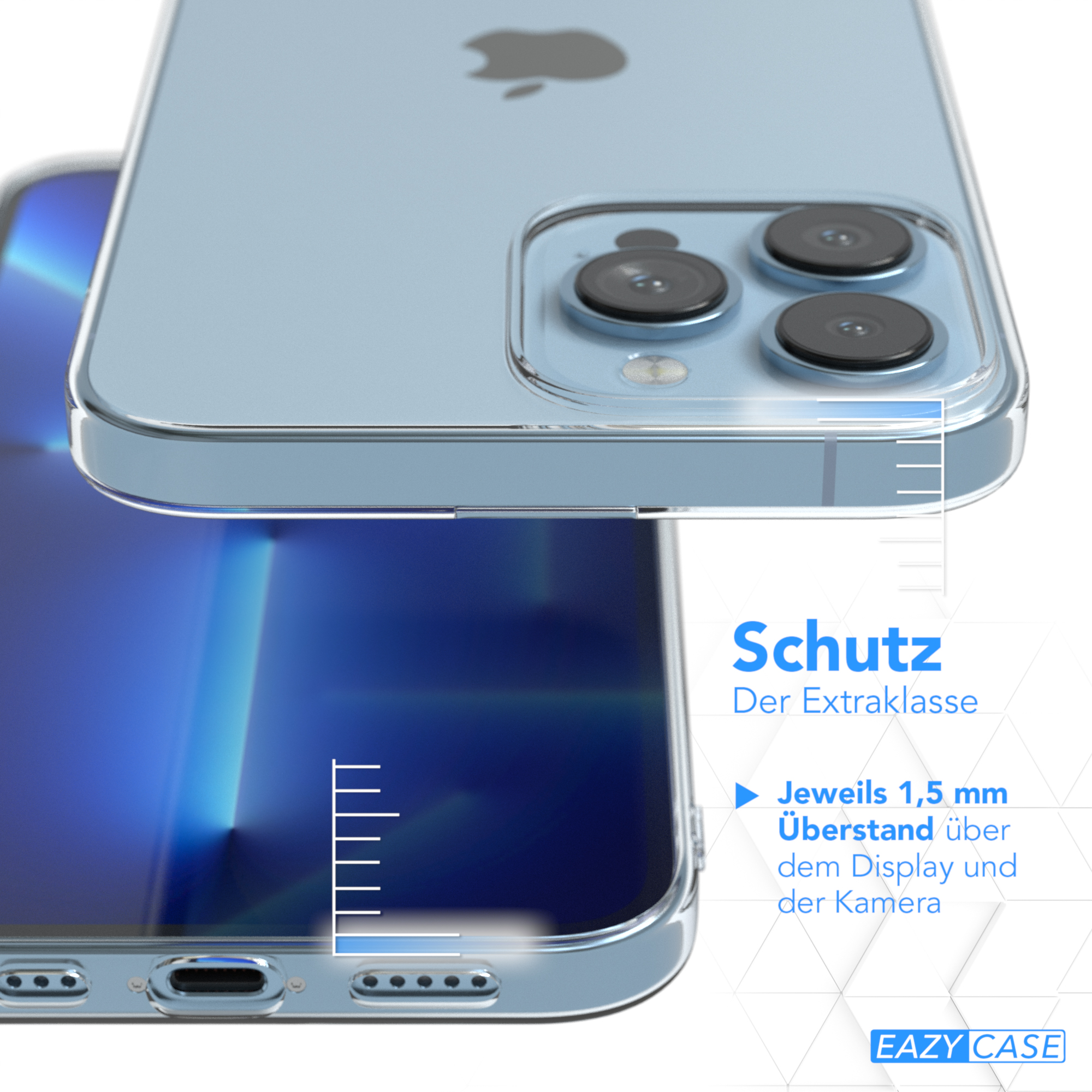Telefon in einer durchsichtigen Hülle. Seitenansicht mit Kamera und Display. Text 'Schutz Der Extraklasse'.