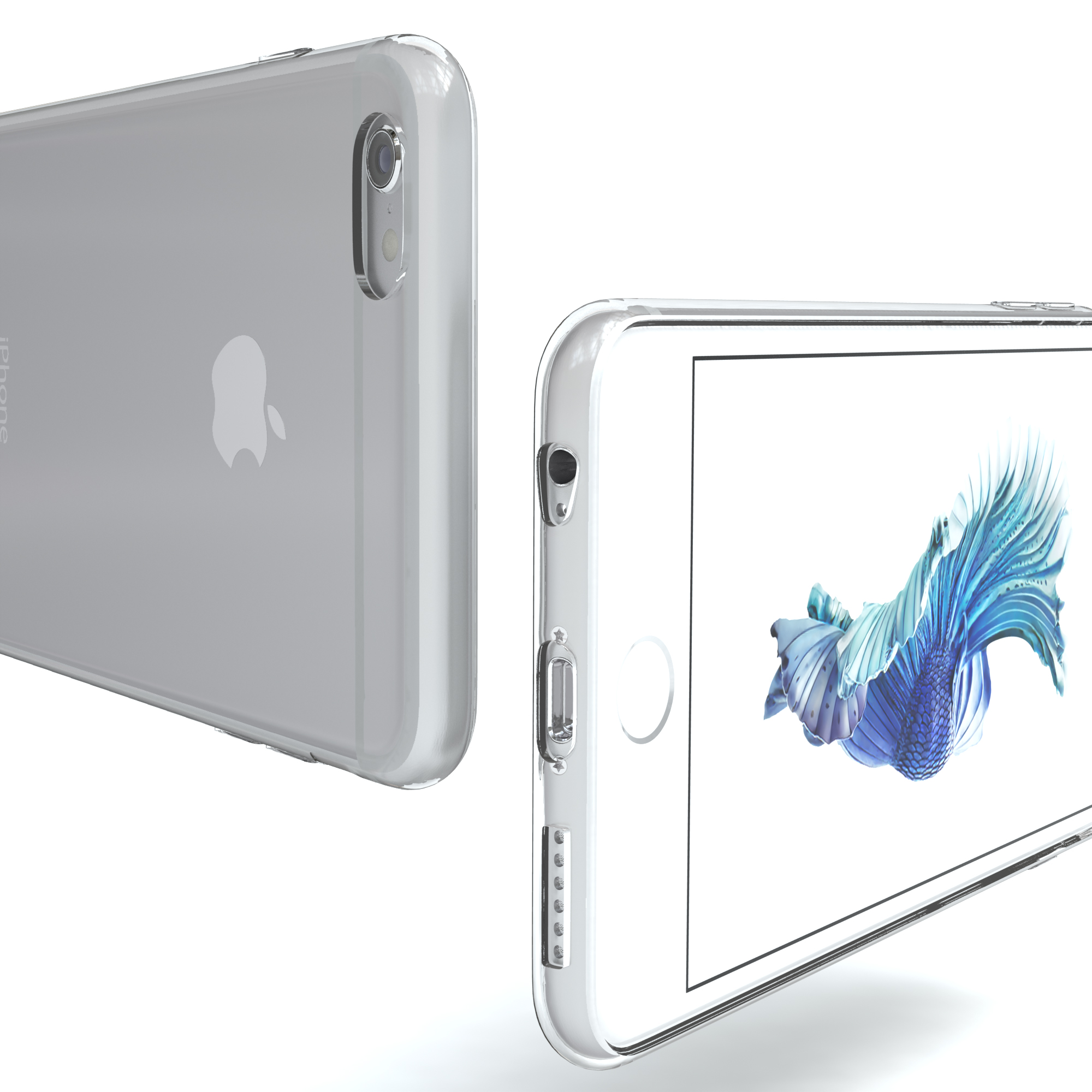 Zwei Telefone mit transparenten Hüllen, eines mit Apple-Logo, das andere mit blauem Blumenmuster.