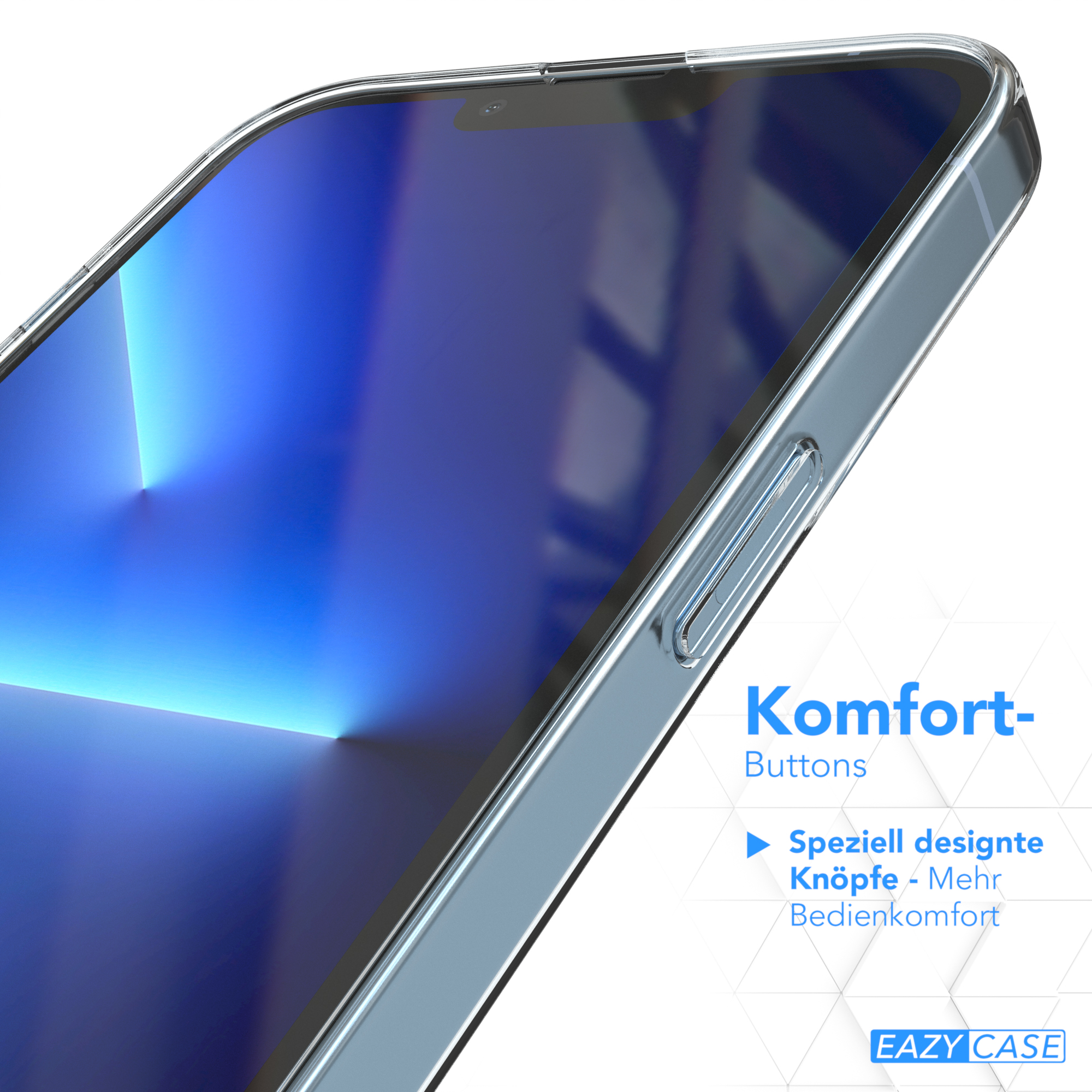 Telefonhülle auf einem Telefon. Transparente Hülle, blaues Telefon und Text. Weißer Hintergrund.