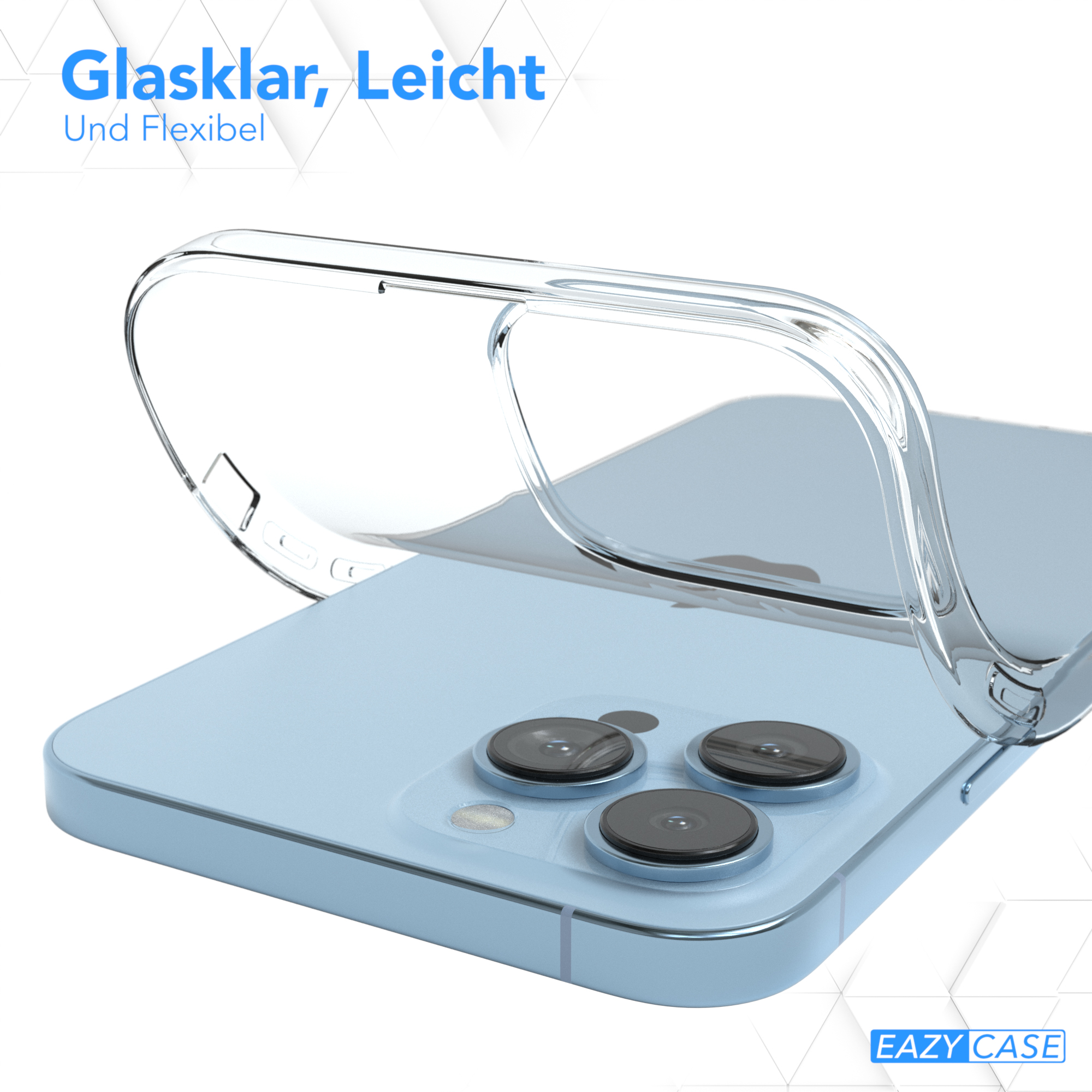 Eine transparente Handyhülle auf einem blauen Telefon, die die Kameralinsen zeigt.