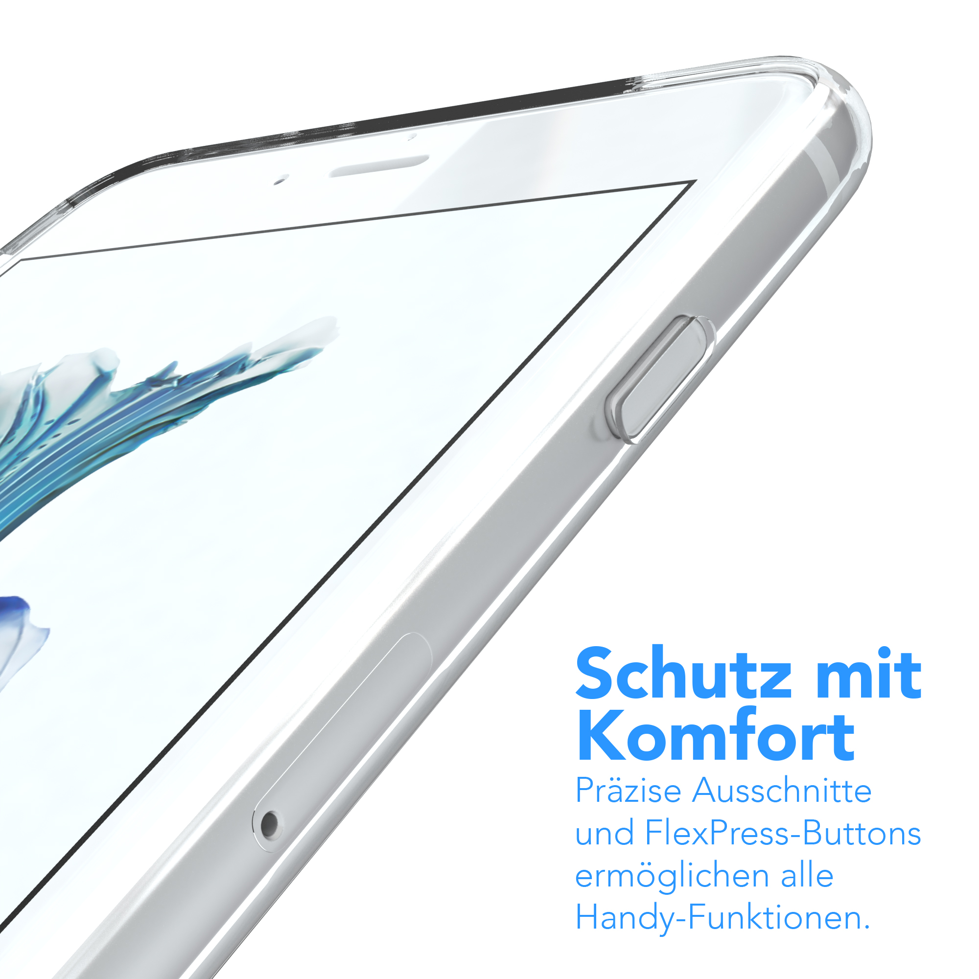 Transparente Handyhülle auf weißem Hintergrund, Text 'Schutz mit Komfort'.