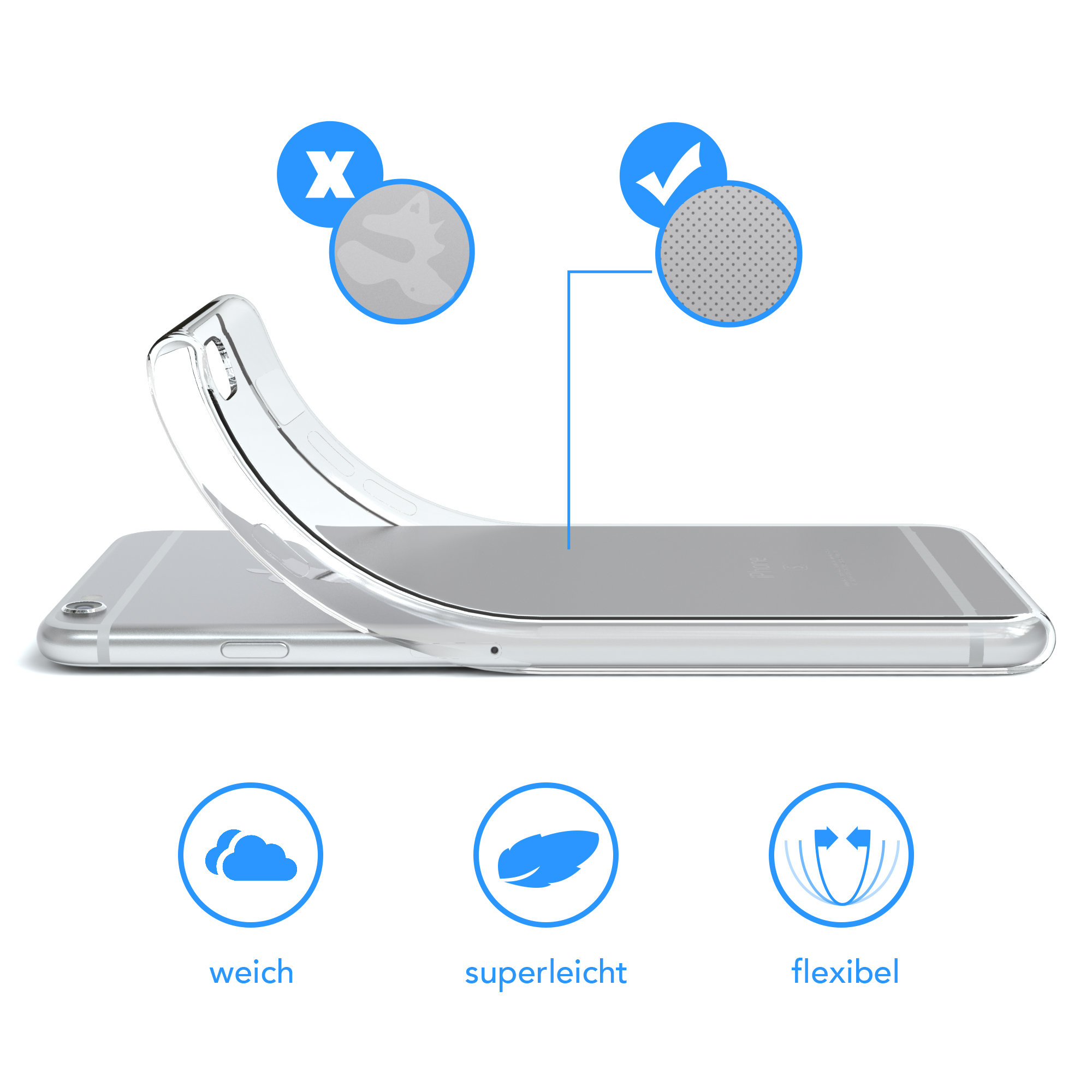 Eine transparente Handyhülle auf einem Telefon, mit Grafiken.