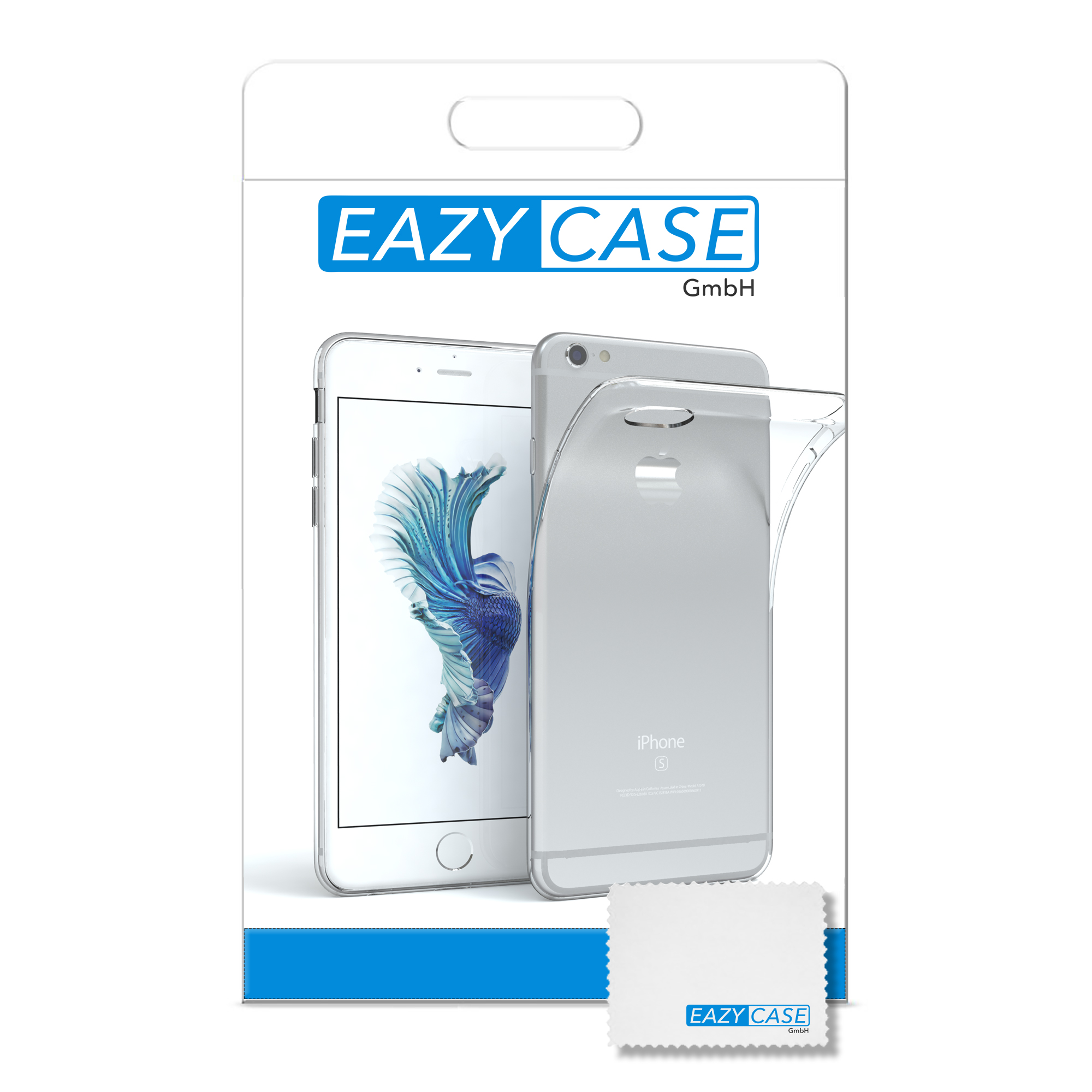Telefon in klarer Hülle. Verpackung zeigt Telefon und Hülle, mit einem Reinigungstuch. Marke: Eazy Case.