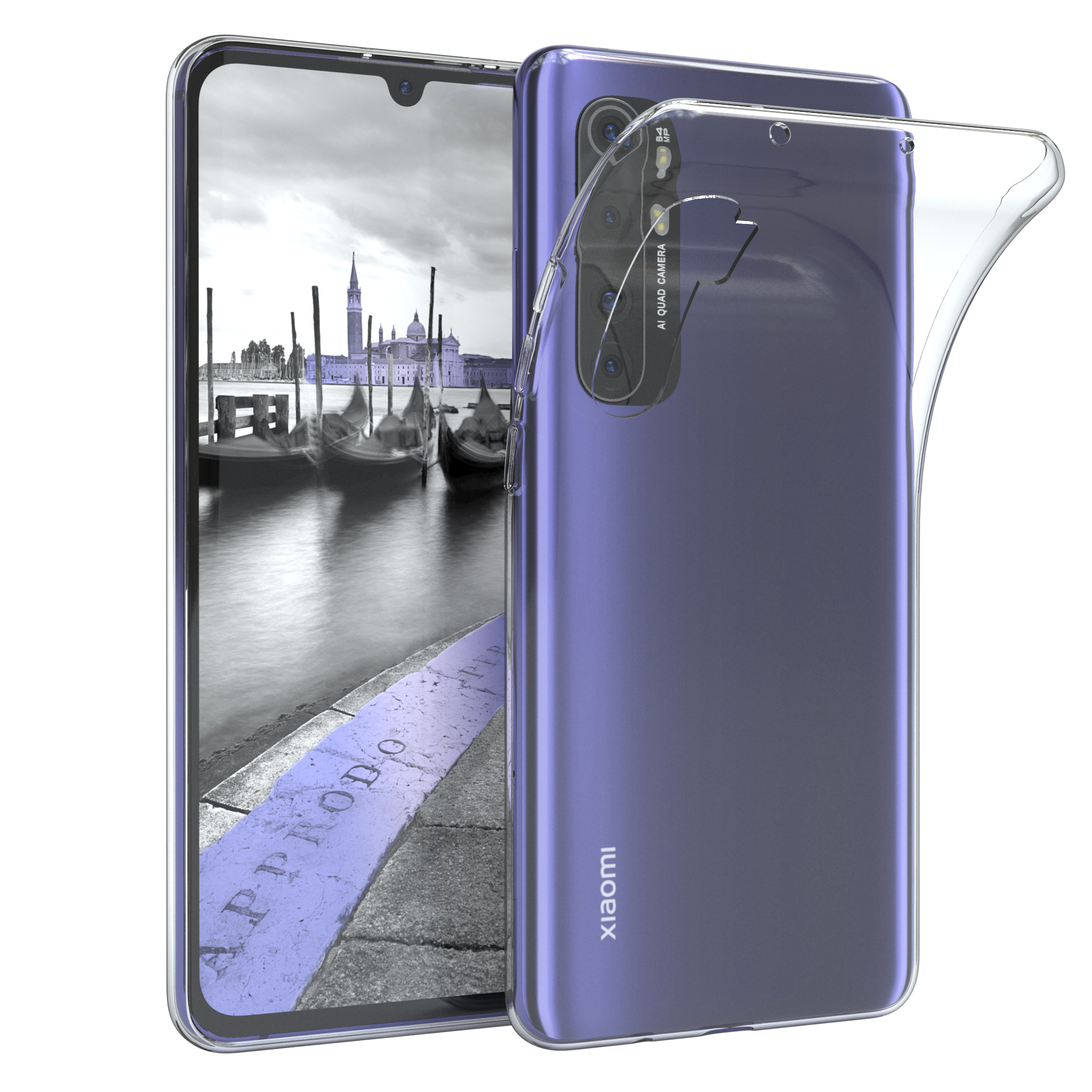 Telefon mit transparenter Hülle, lila Rückseite und schwarzem Bildschirm. Kanal im Hintergrund.