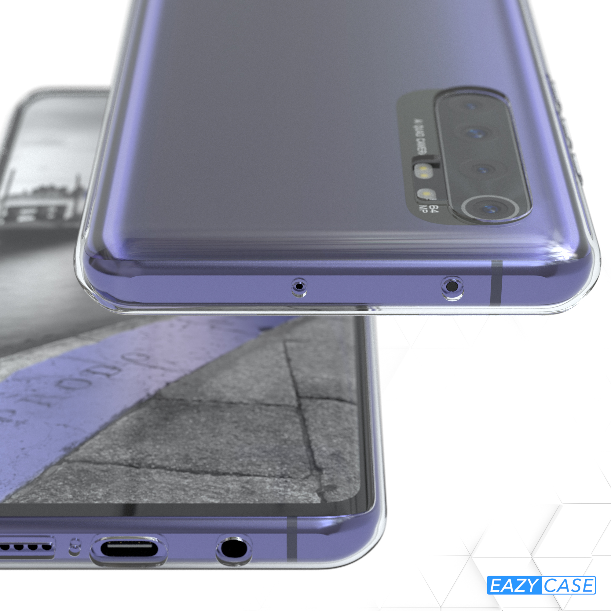 Transparente Handyhülle auf lila Telefon; Kameradetail. Grau-weißer Hintergrund.