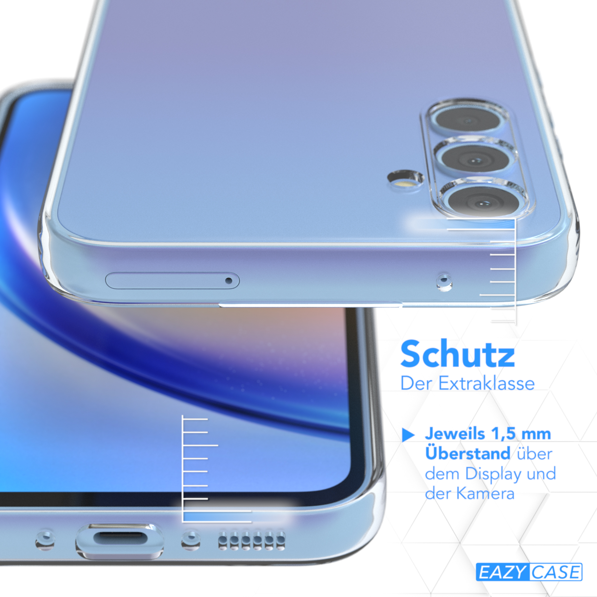 Klare Handyhülle auf blauem Handy, Detailschutz. Text auf Deutsch.