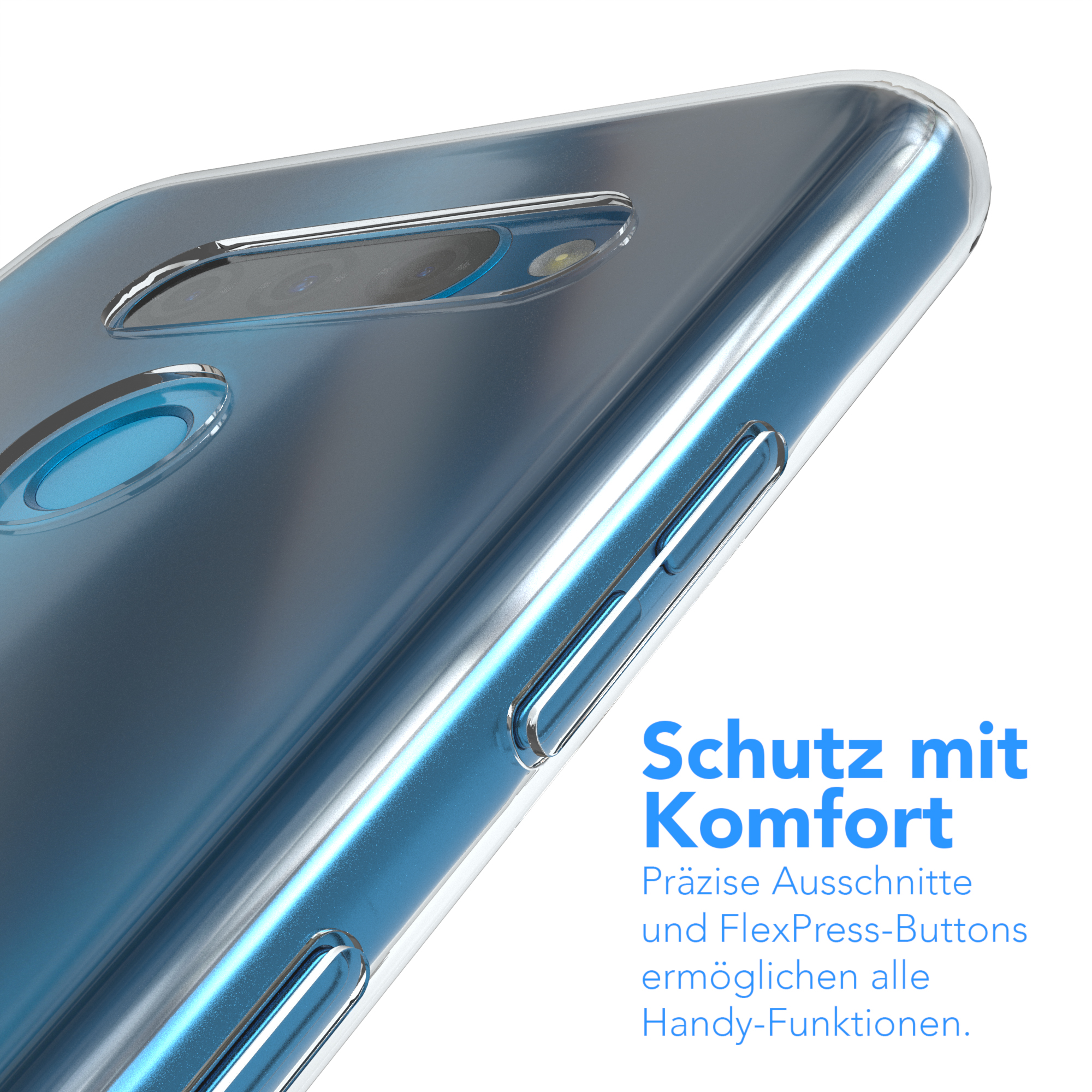 Nahaufnahme eines Telefons in einer transparenten Hülle. Text besagt 'Schutz mit Komfort'.