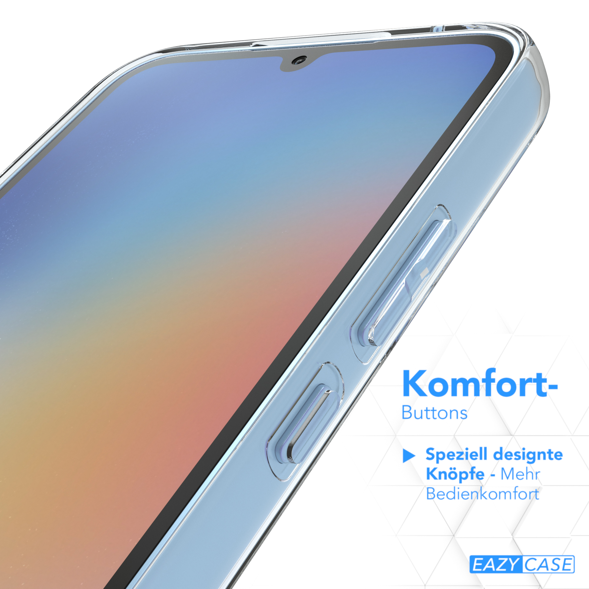Nahaufnahme des Telefonbildschirms mit Text und Tasten. Blau-zu-Orange-Verlauf.