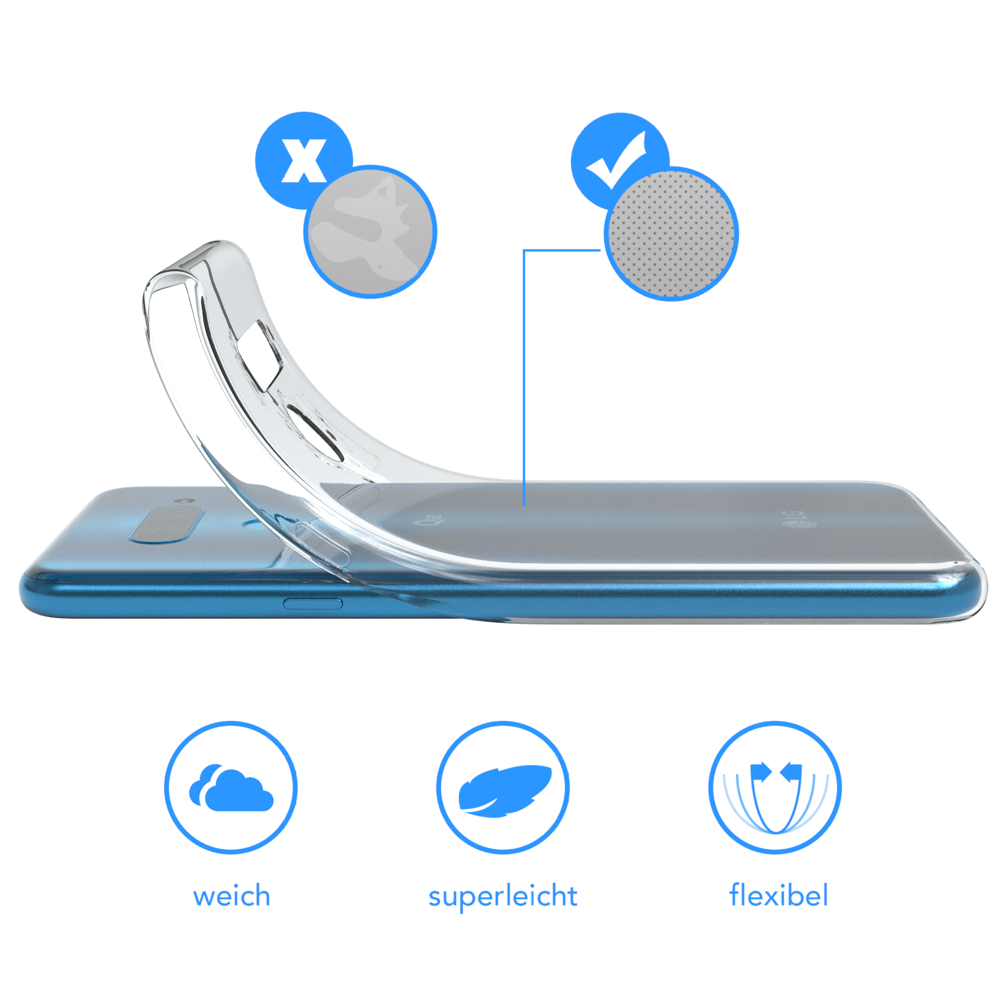 Eine transparente Handyhülle über einem Telefon. Zeigt Textur- und Designmerkmale.
