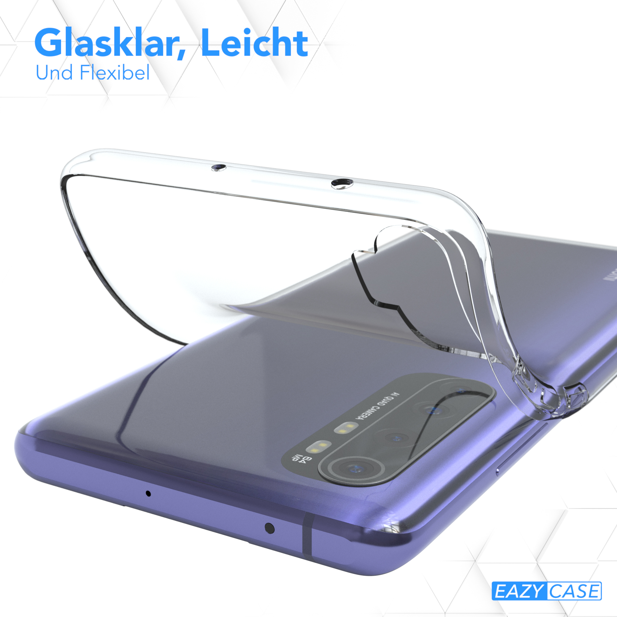 Transparente Handyhülle über einem lila Handy, mit Text. Der Hintergrund ist weiß.