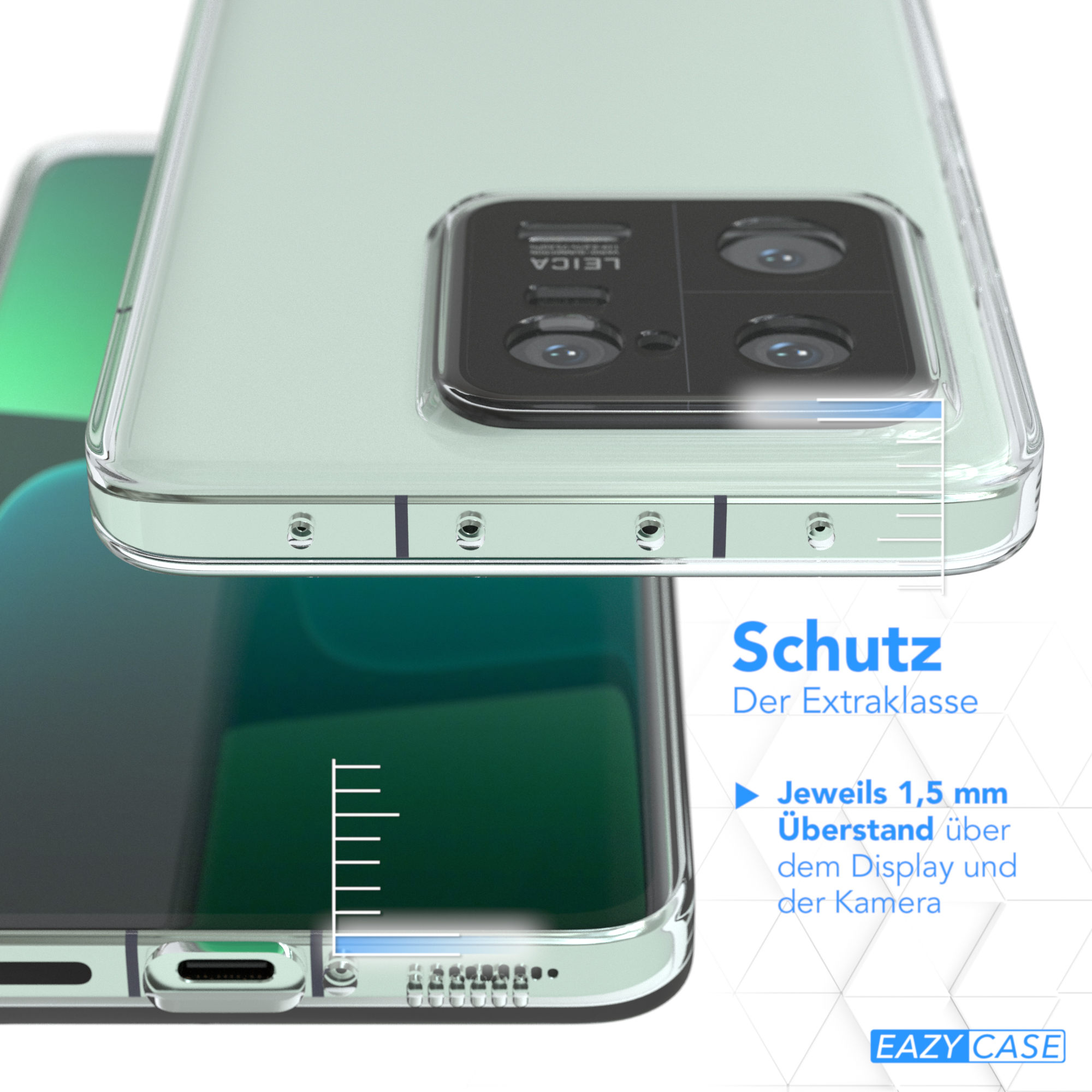 Eine transparente Handyhülle über einem Telefon mit Leica-Kamera und Text.