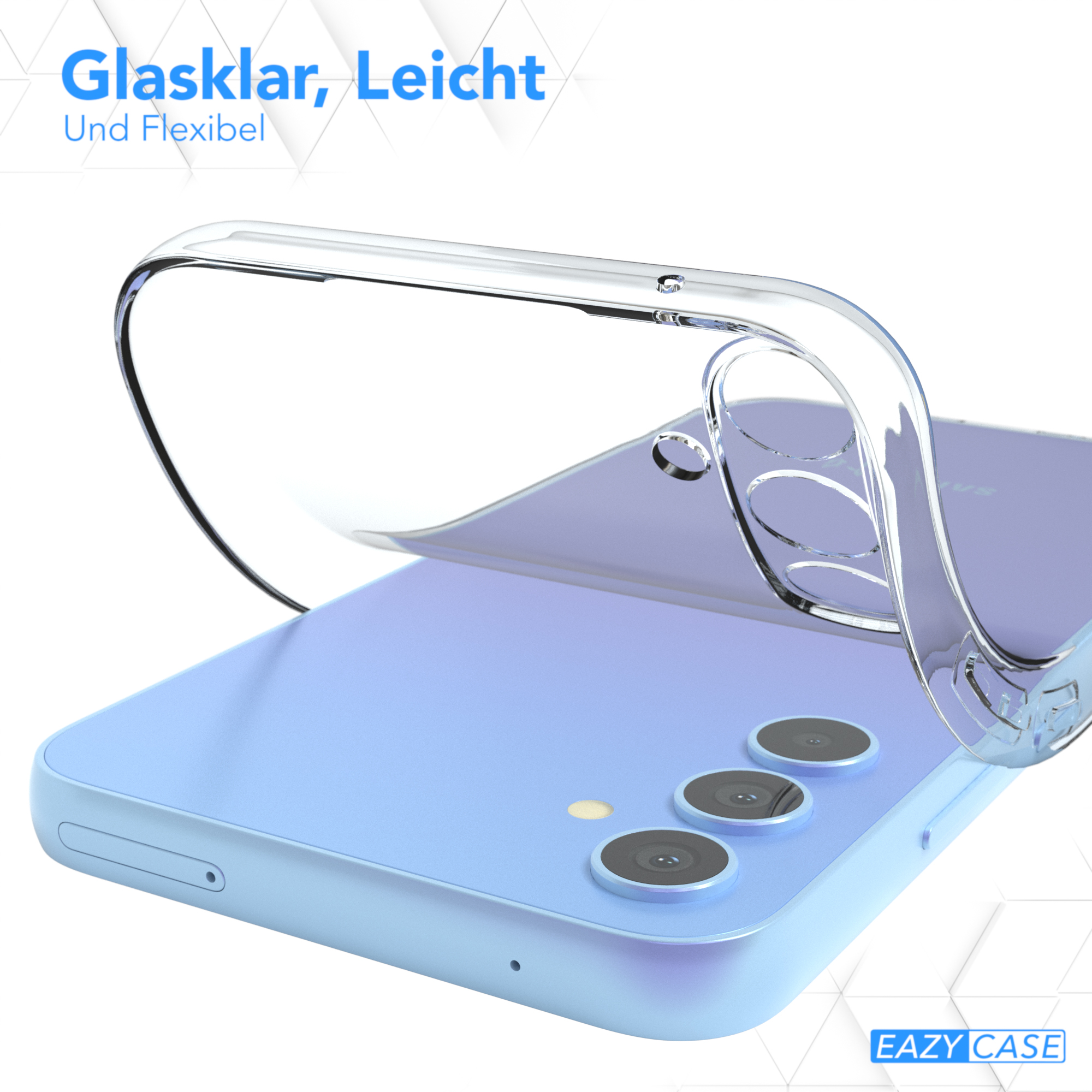 Eine durchsichtige Handyhülle auf einem blauen Telefon. Das Telefon hat drei Kameralinsen.