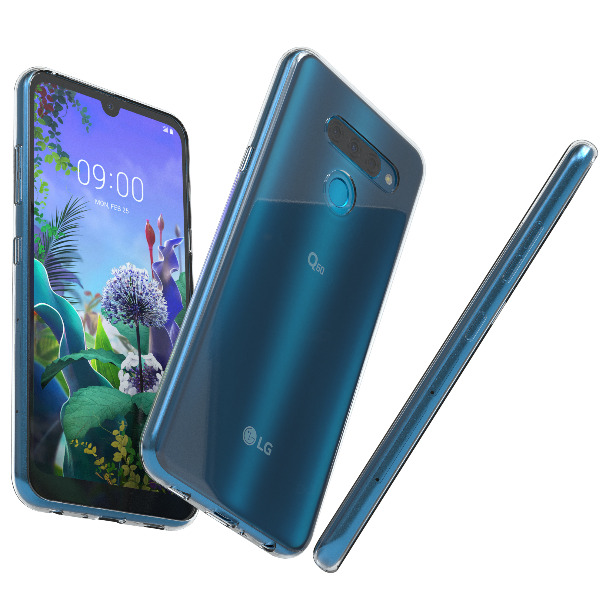 Drei Ansichten eines blauen Smartphones in einer transparenten Hülle.