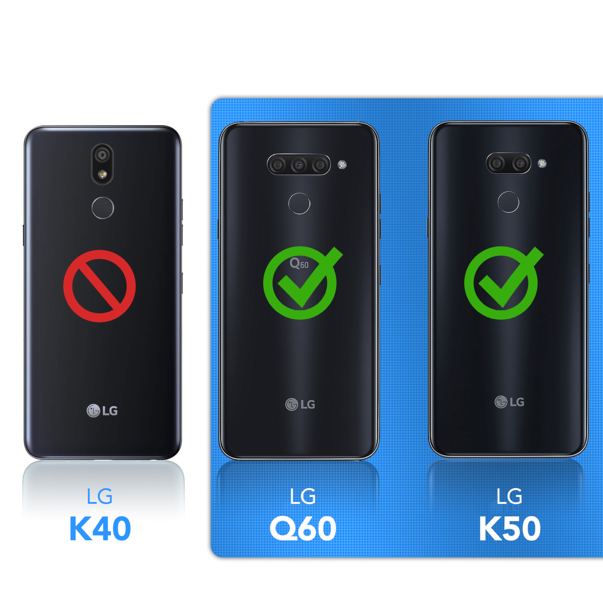 Drei schwarze LG-Telefone. Das LG Q60 ist zugelassen, während das K40 und ein zweites Telefon nicht zugelassen sind.