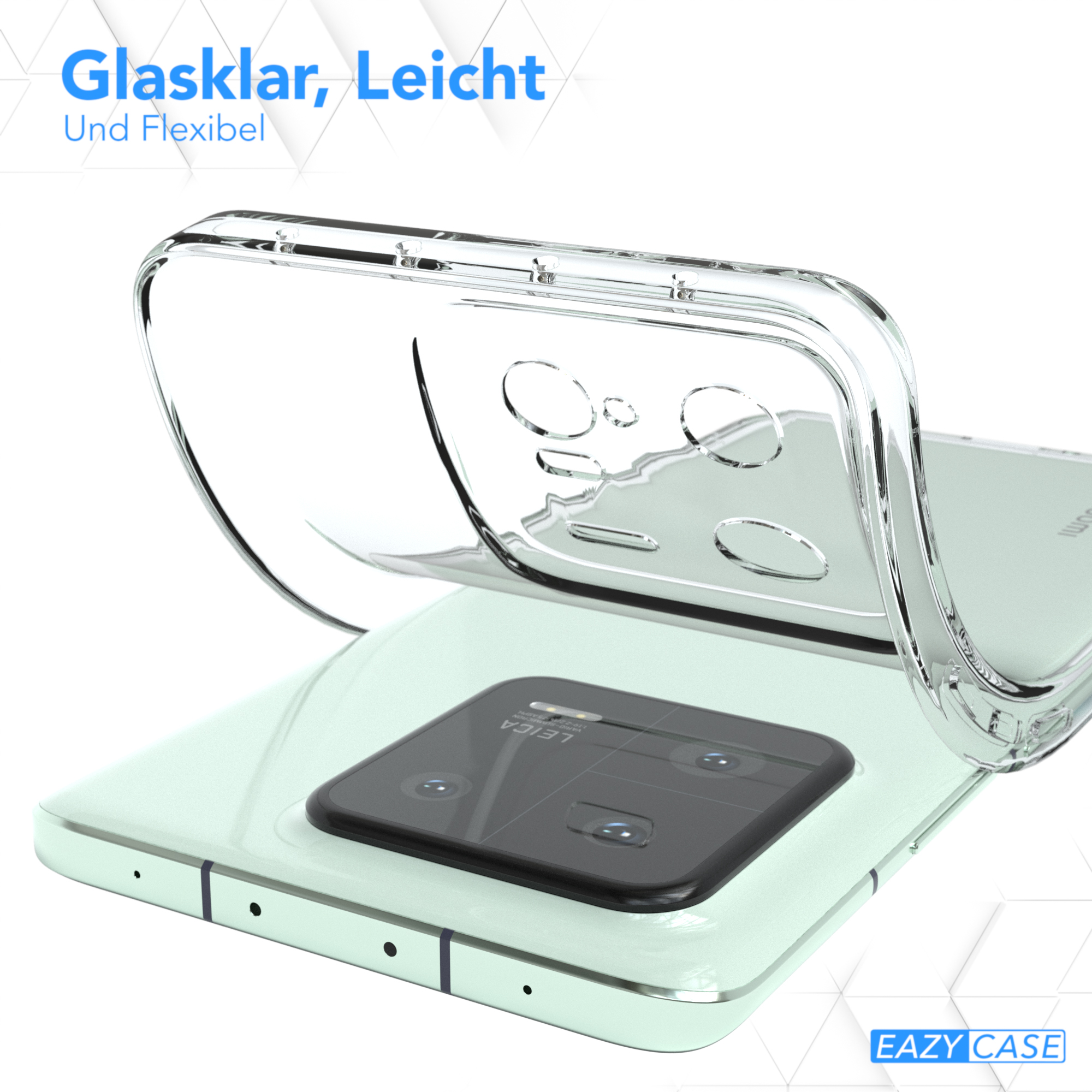 Transparente Handyhülle über einem mintgrünen Telefon, mit sichtbarer Kamera.
