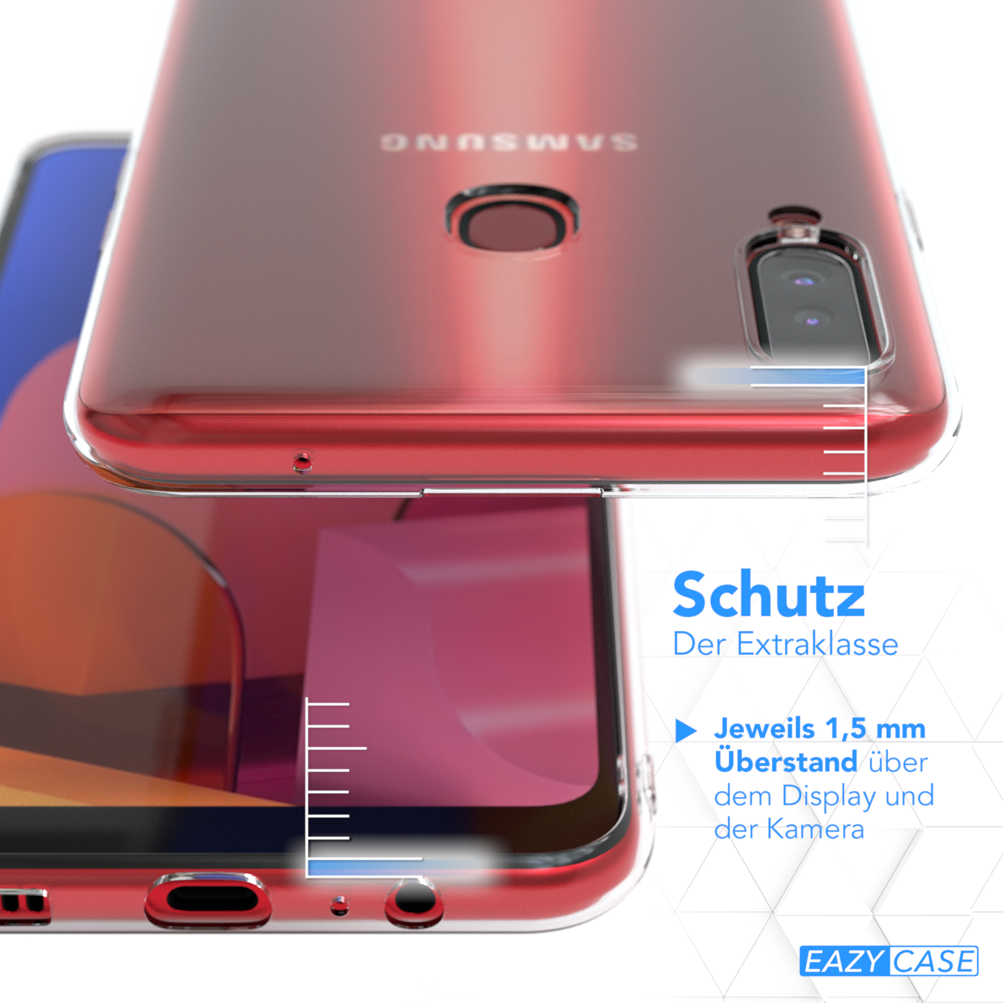 Rotes Telefon mit transparenter Hülle. Text zeigt 1,5 mm erhöhte Kanten um Display und Kamera.