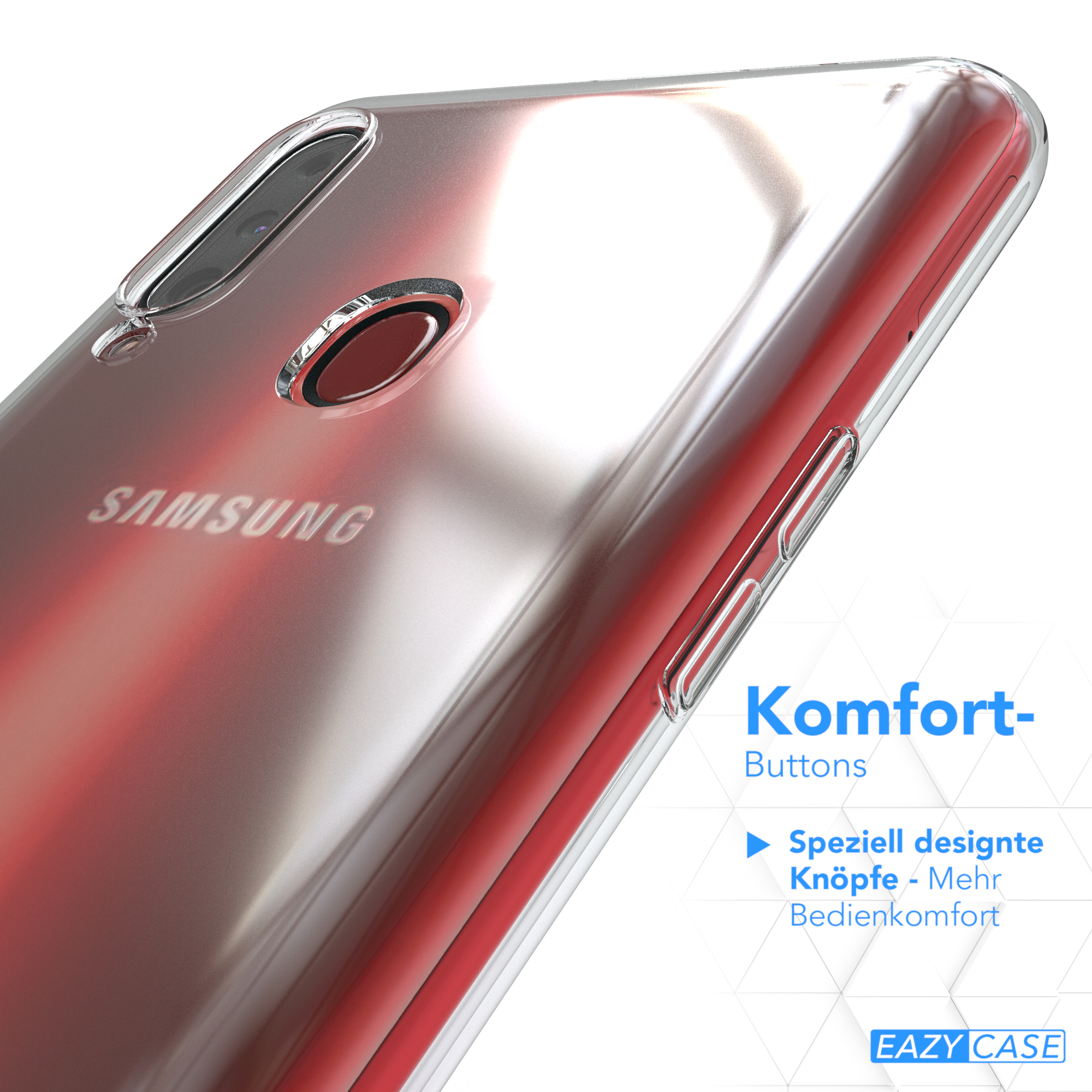 Transparente Handyhülle auf einem Telefon. Die Hülle hat eine rote Rückseite und Knöpfe.