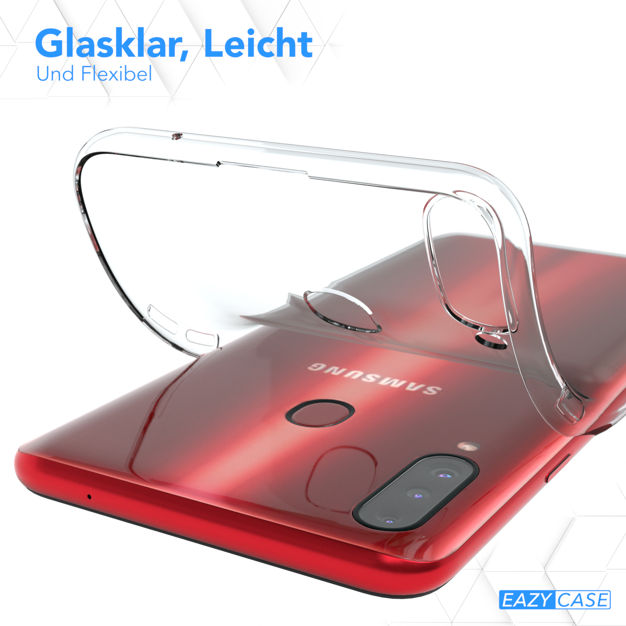 Transparente Handyhülle über rotem Telefon. Text: "Glasklar, Leicht Und Flexibel".