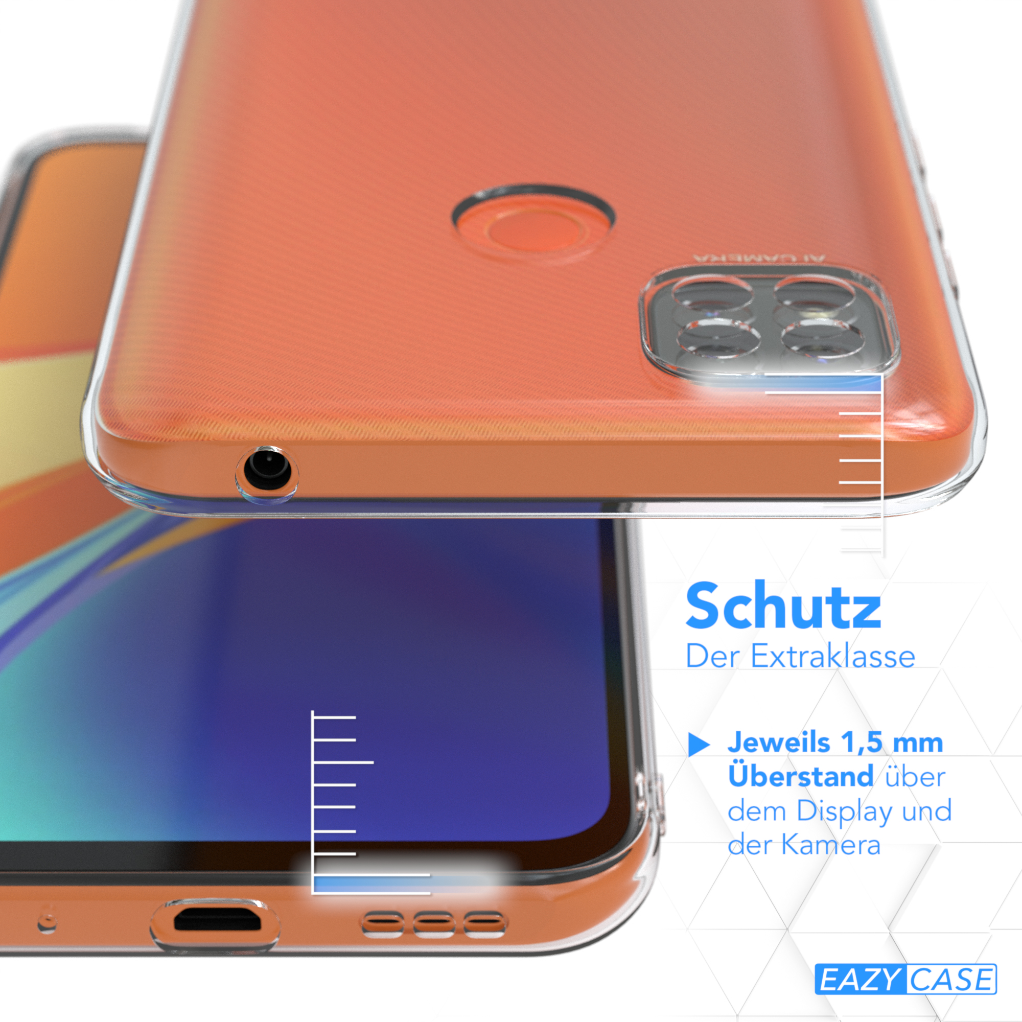 Nahaufnahme von Telefon und Hülle. Hülle ist orange. Text: Schutz der Extraklasse. Maße werden angezeigt.