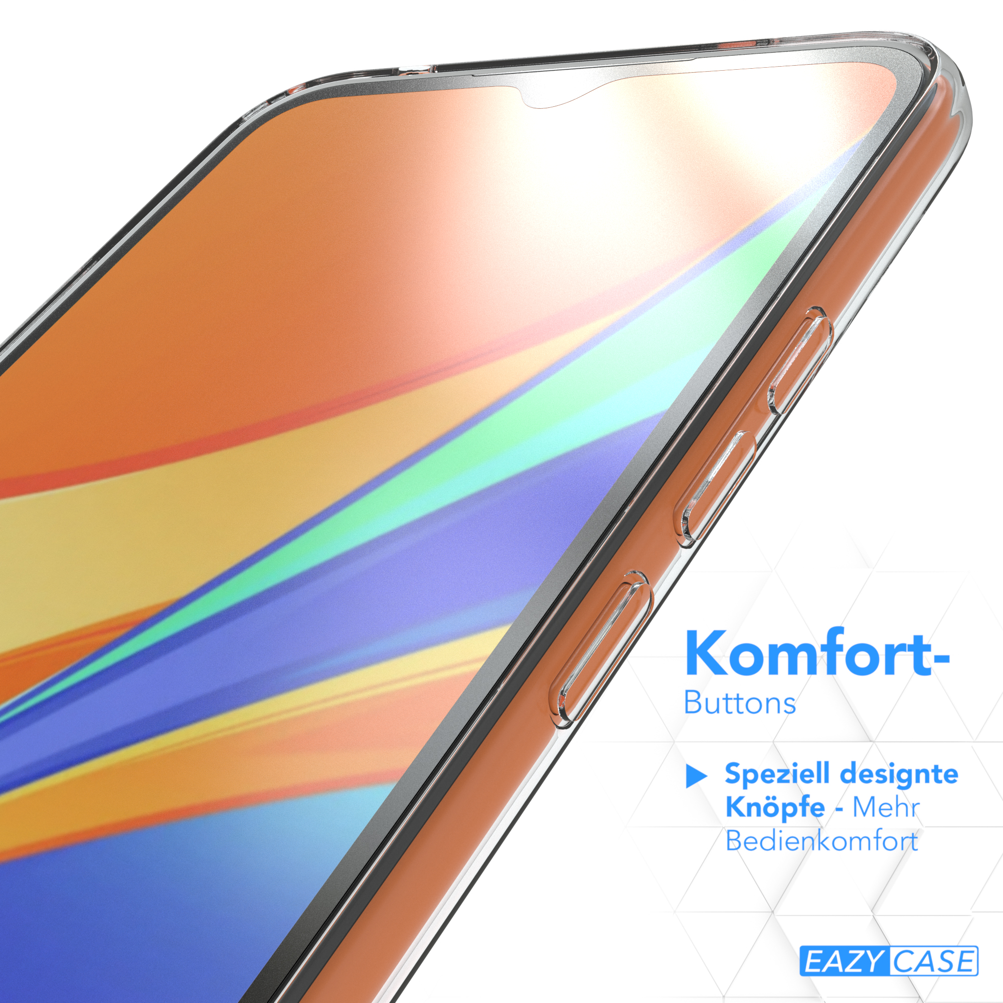 Telefonhülle, zeigt die Knöpfe, es steht 'Komfort-Buttons' und Text auf Deutsch.