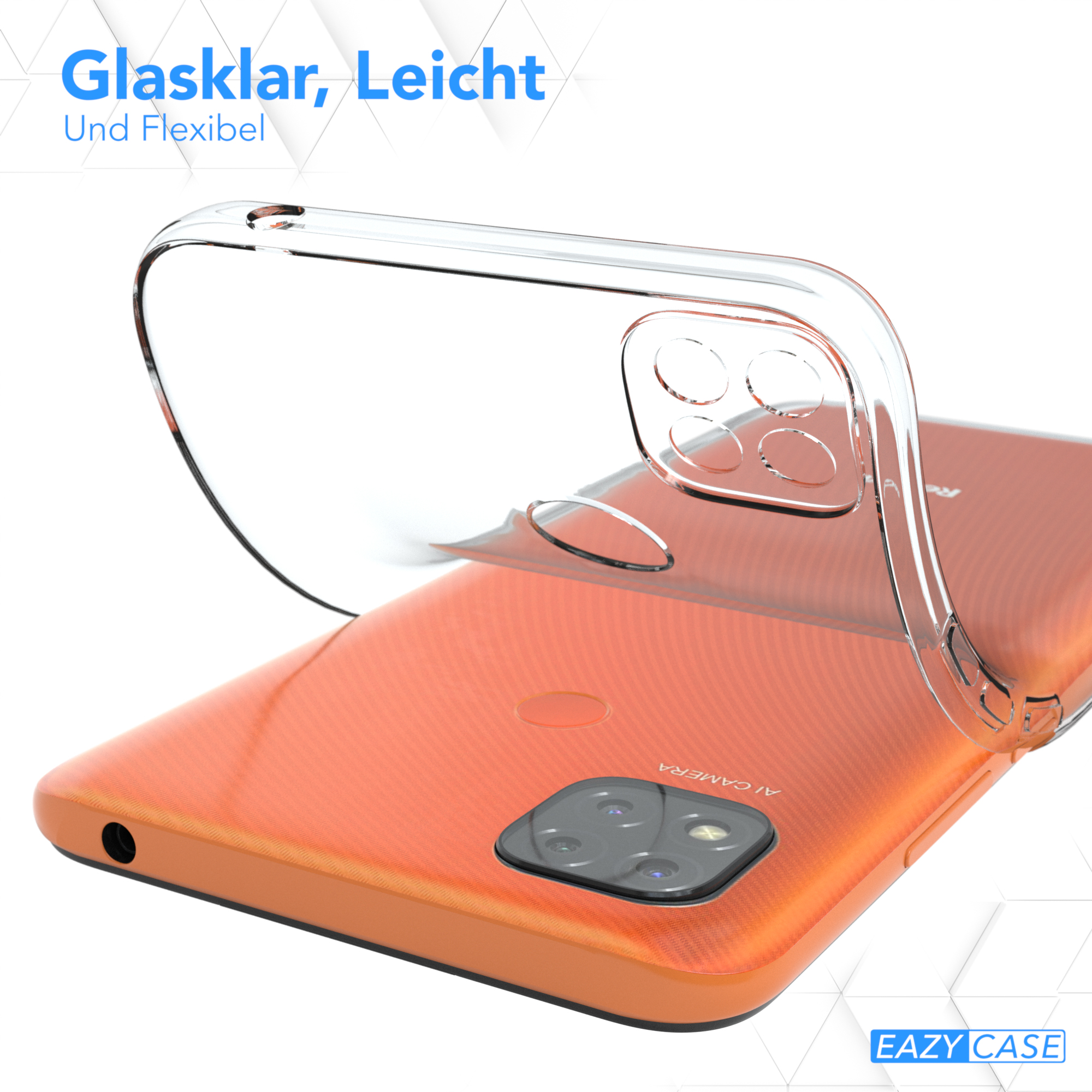 Klare Handyhülle über einem orangefarbenen Telefon. Text 'Glaslar, Leicht' und 'EAZY CASE'.