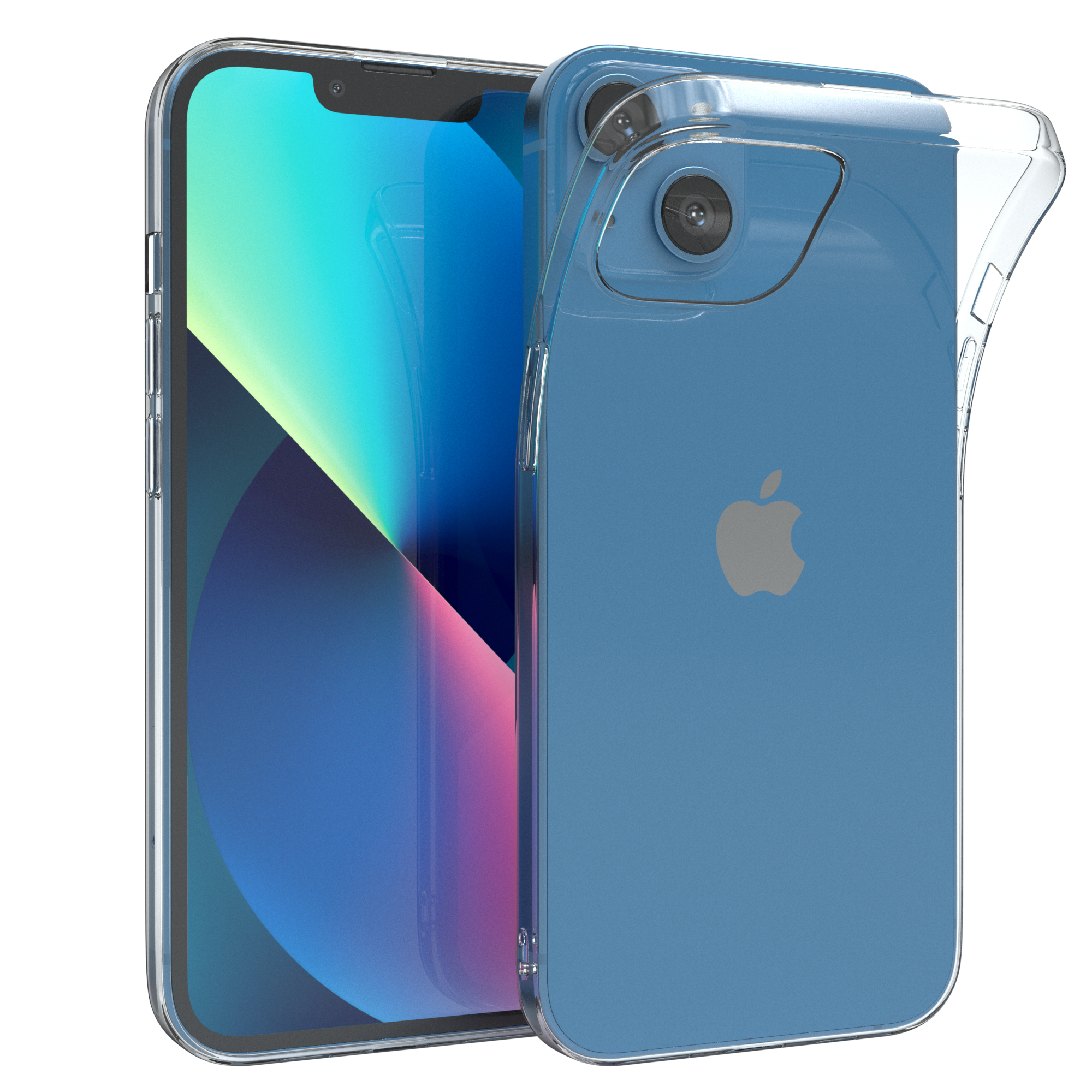 Blaues Telefon mit klarer Hülle. Zeigt einen blauen Bildschirm. Das Telefon liegt auf einer weißen Oberfläche.