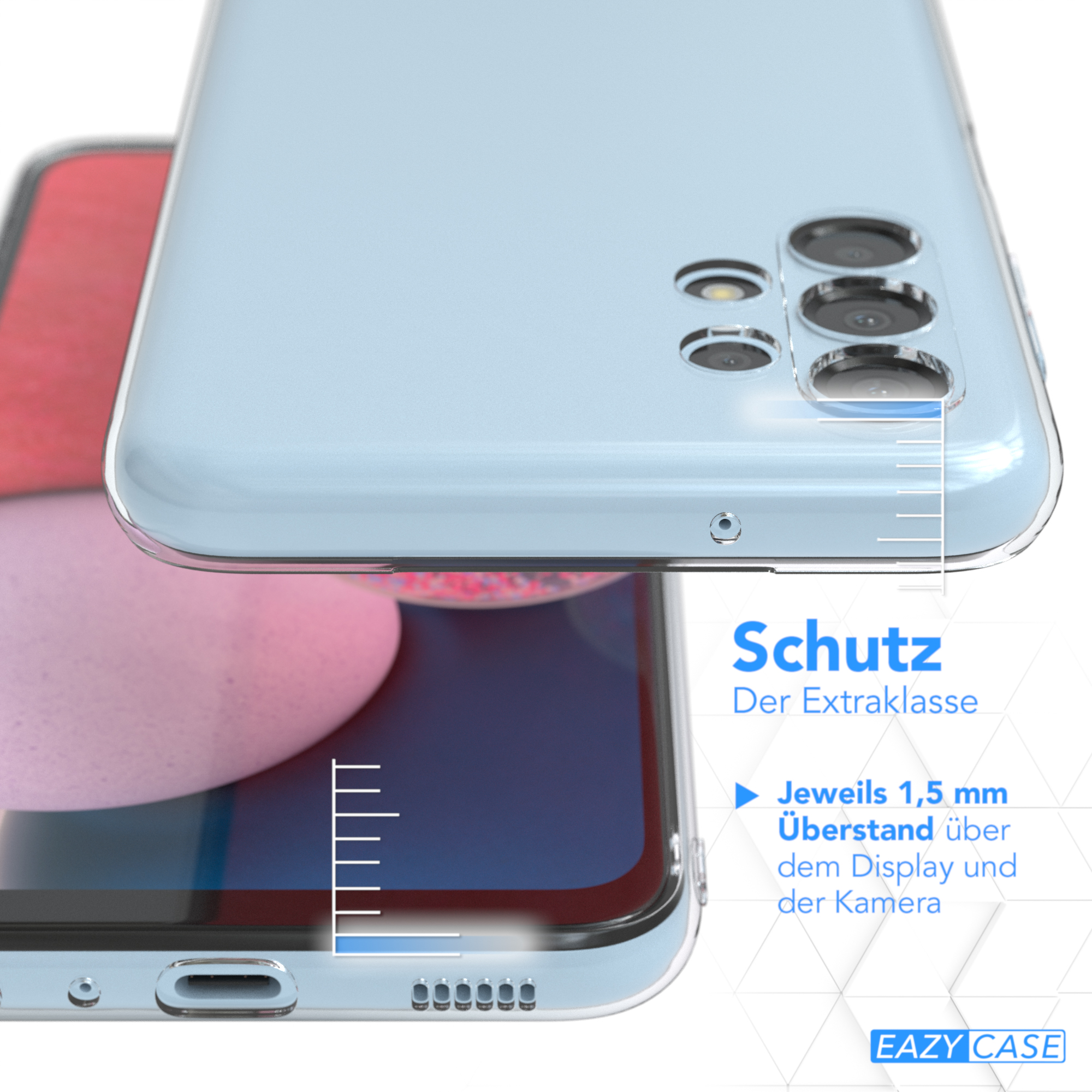 Eine hellblaue Handyhülle wird mit einem Telefon darin gezeigt. Der Schutzgrad wird auf dem Bild angezeigt.