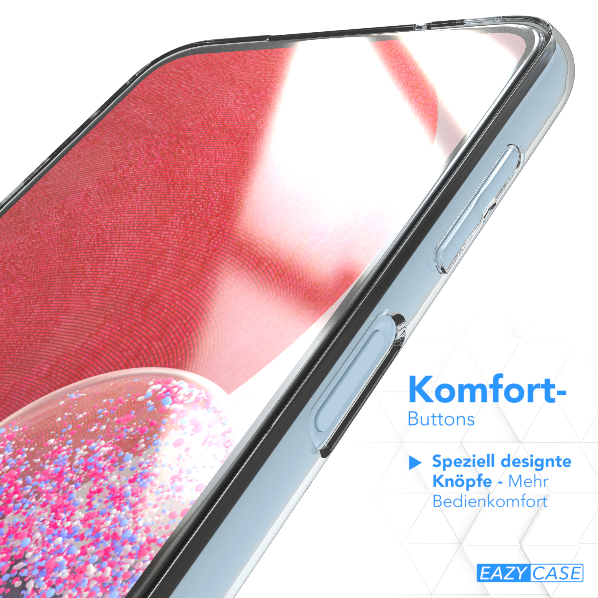 Eine transparente Handyhülle auf einem Telefon. Text sagt 'Komfort-Buttons'.