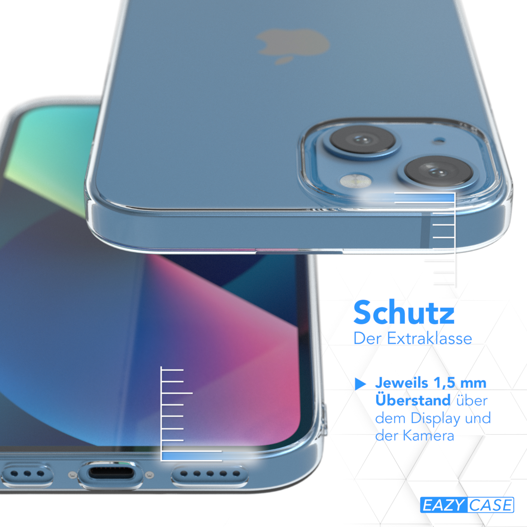 Nahaufnahme eines blauen Telefons in einer transparenten Hülle, mit Text und Linien auf dem Bildschirm.