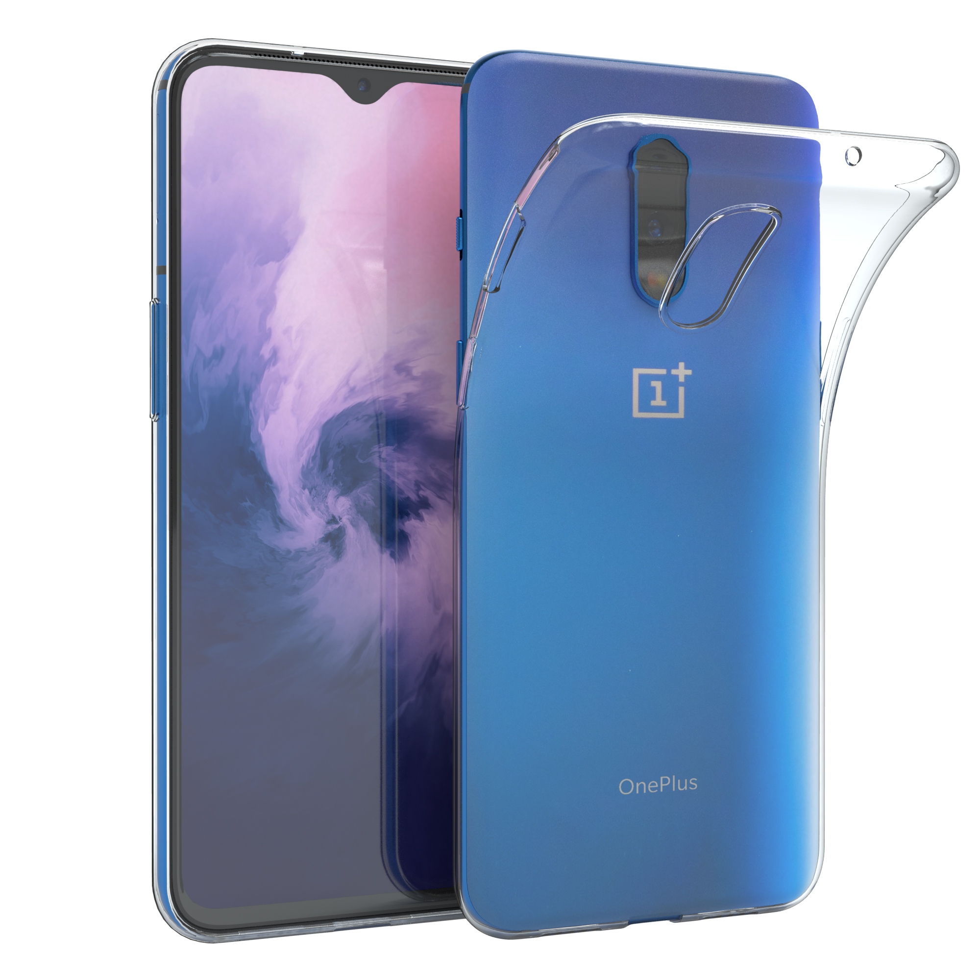 Blaues Telefon mit angebrachter Hülle, zeigt Telefon und Hülle nebeneinander.