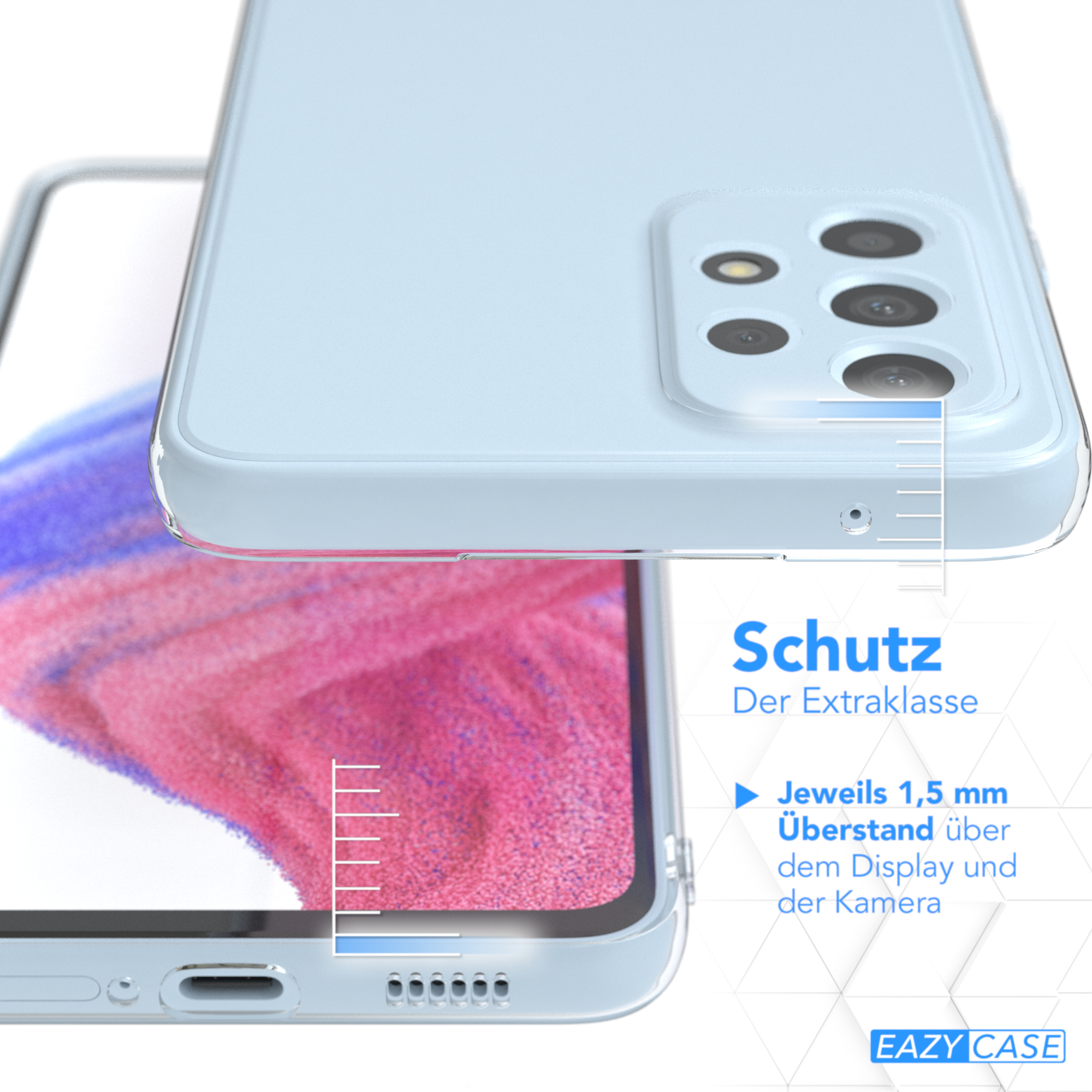 Eine Handyhülle über einem Telefon, mit Text über Bildschirm- und Kameraschutz.