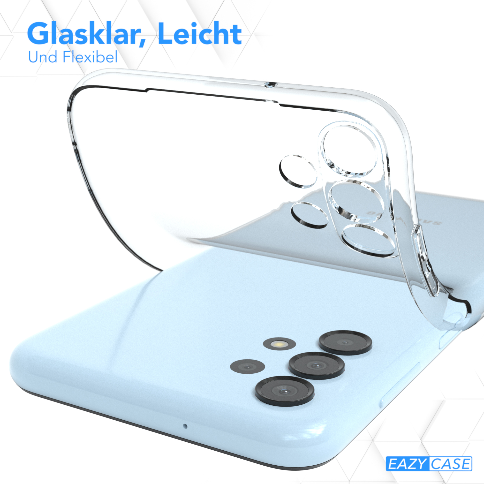 Eine durchsichtige Handyhülle ist über einem hellblauen Telefon platziert. Die Hülle ist transparent und zeigt Details.