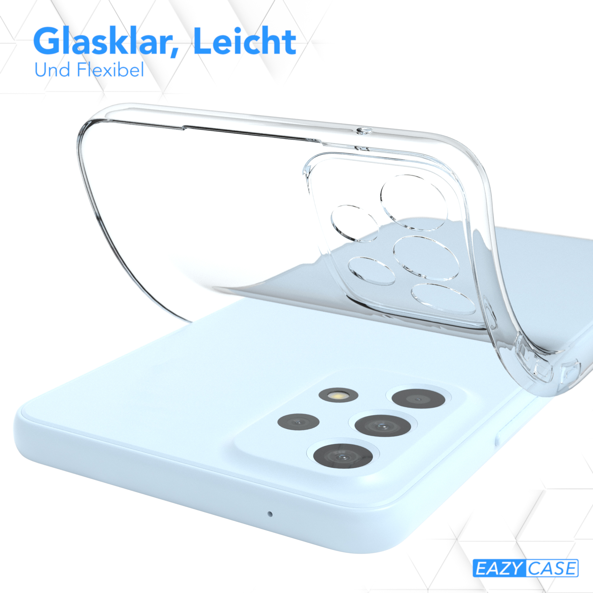 Handyhülle über einem Telefon. Es ist durchsichtig, hat ein hellblaues Telefon und der Text lautet 'EAZY CASE'.