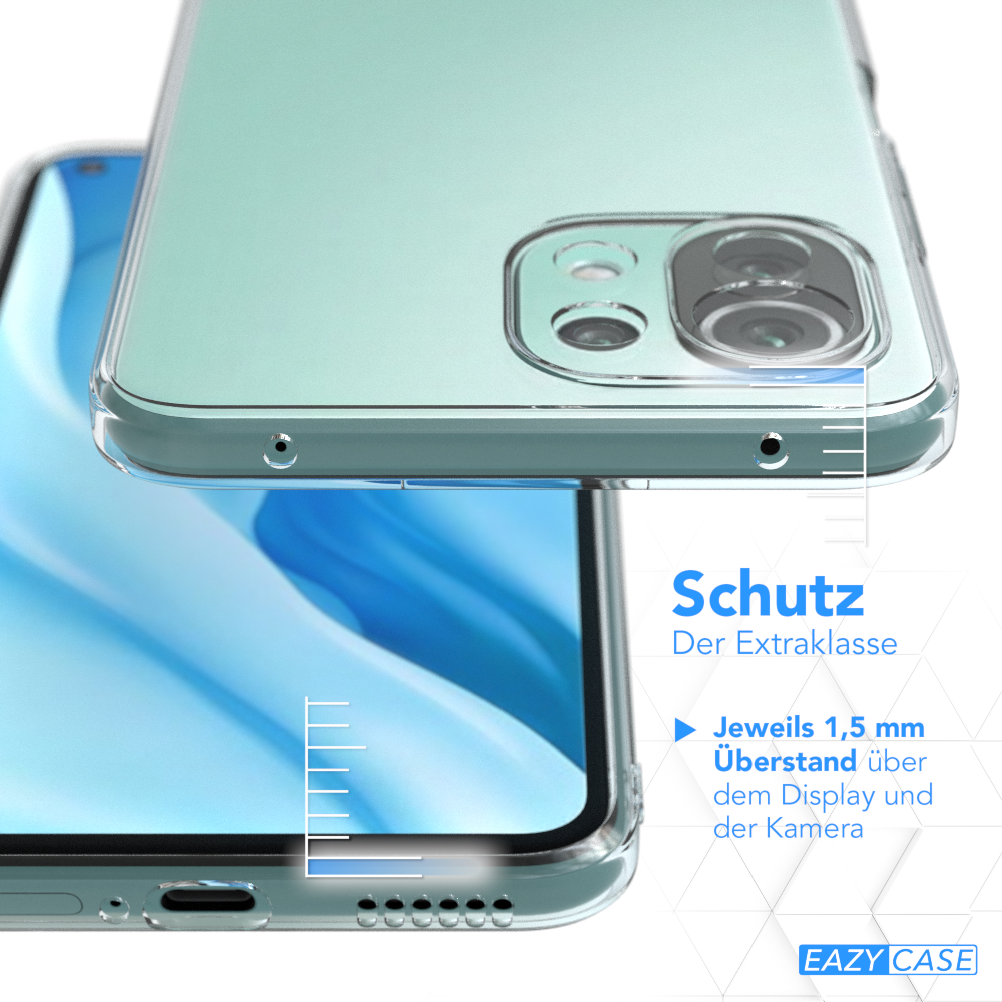 Transparente Handyhülle auf mintfarbenem Telefon mit Text und Linien, die den Bildschirmschutz anzeigen.