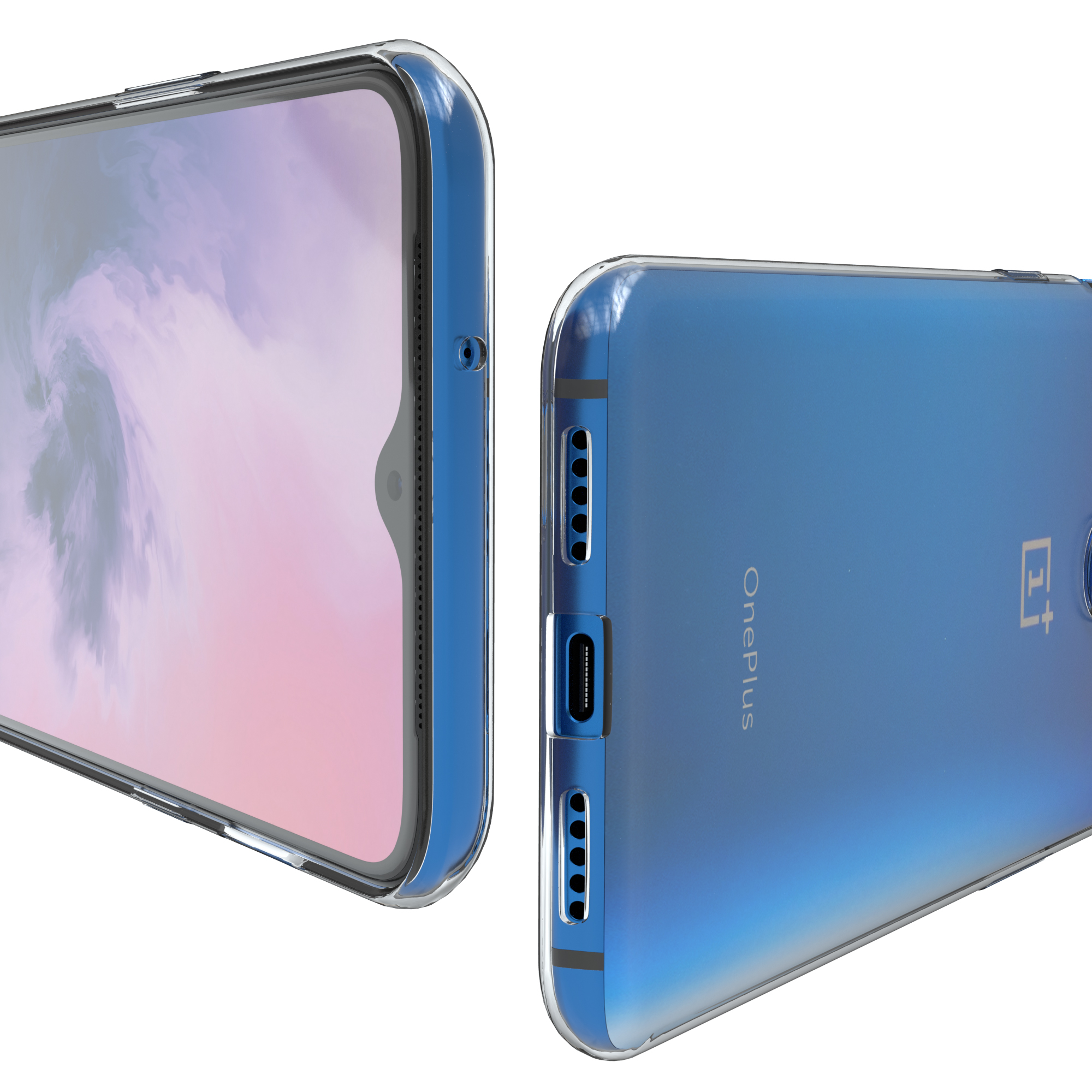 Zwei Ansichten eines blauen OnePlus-Telefons in einer transparenten Schutzhülle.