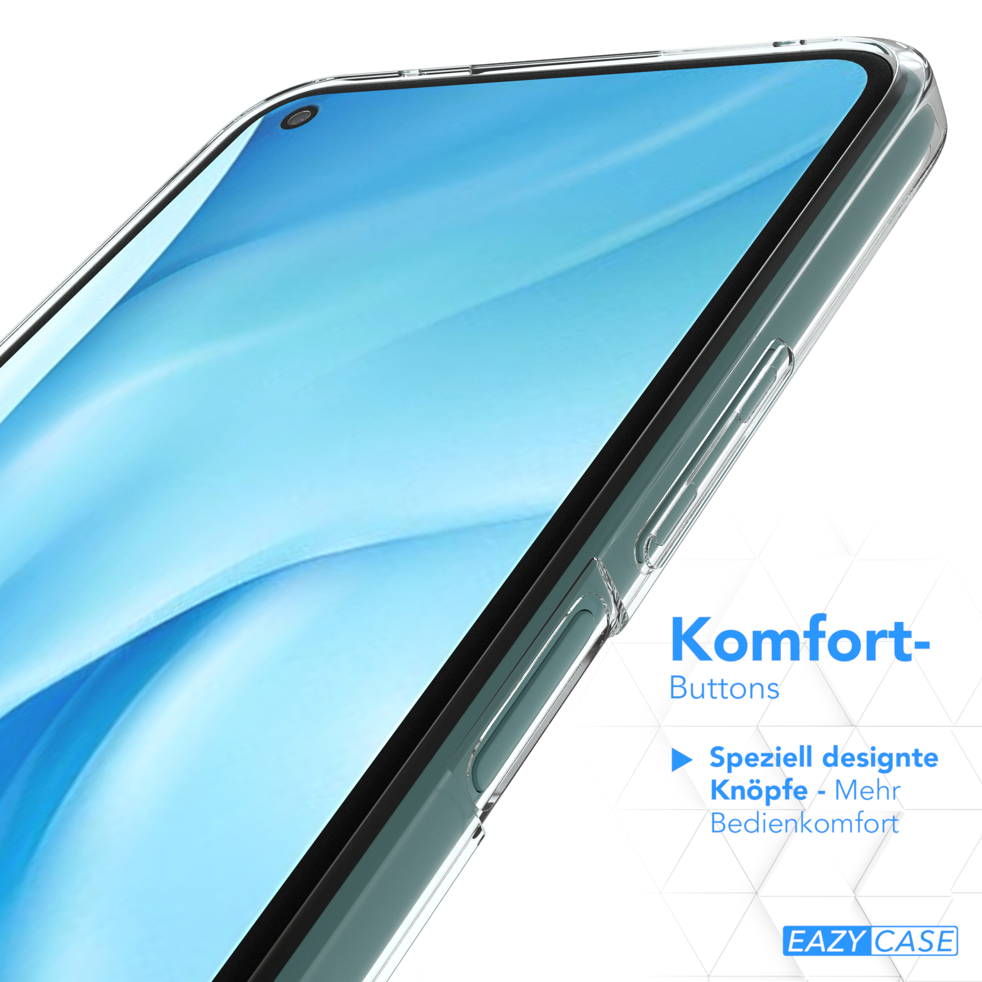 Ein Smartphone mit einer transparenten Hülle. Der Bildschirm leuchtet mit einem blauen und tealfarbenen Hintergrund.