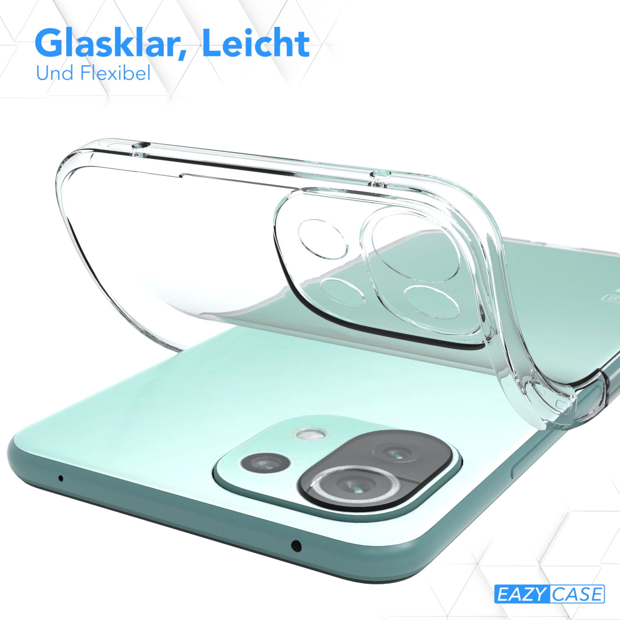 Eine transparente Handyhülle auf einem Telefon, die Hülle ist flexibel und klar.