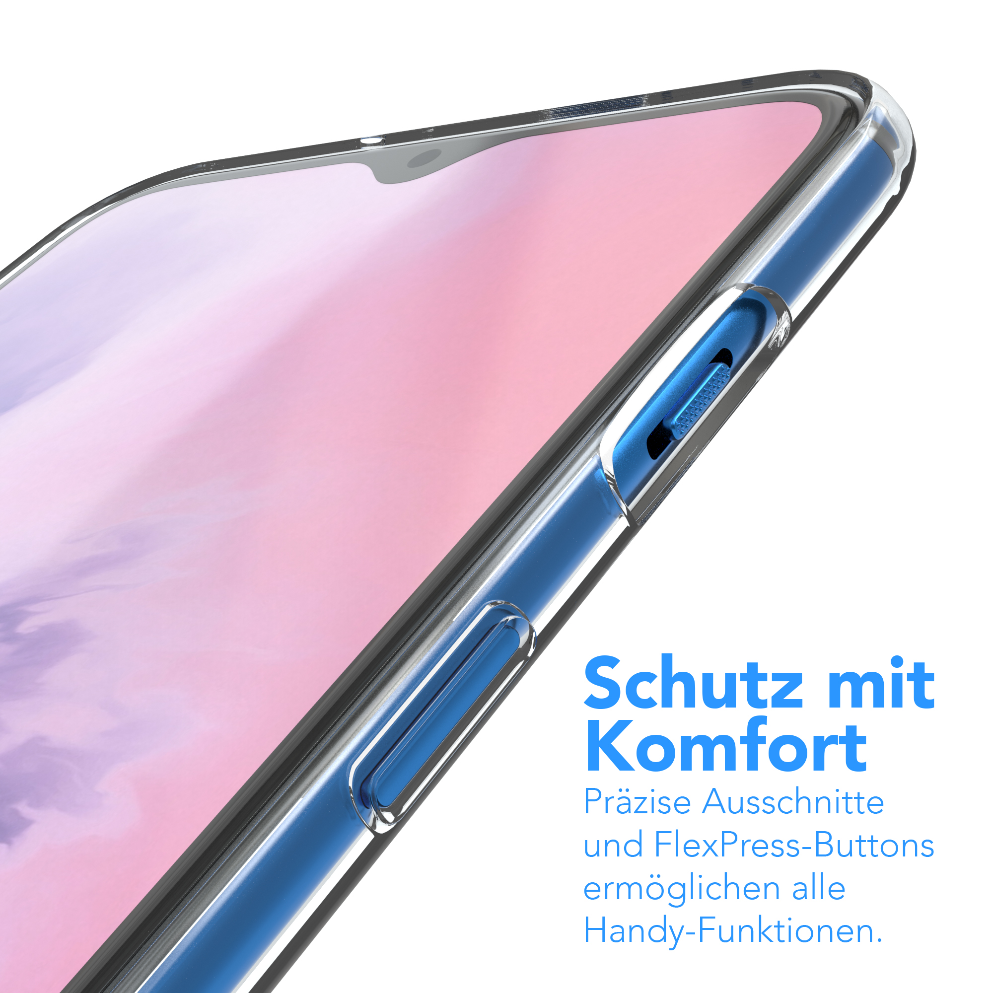 Eine Handyhülle mit blauem Knopf. Text darauf: Schutz mit Komfort.