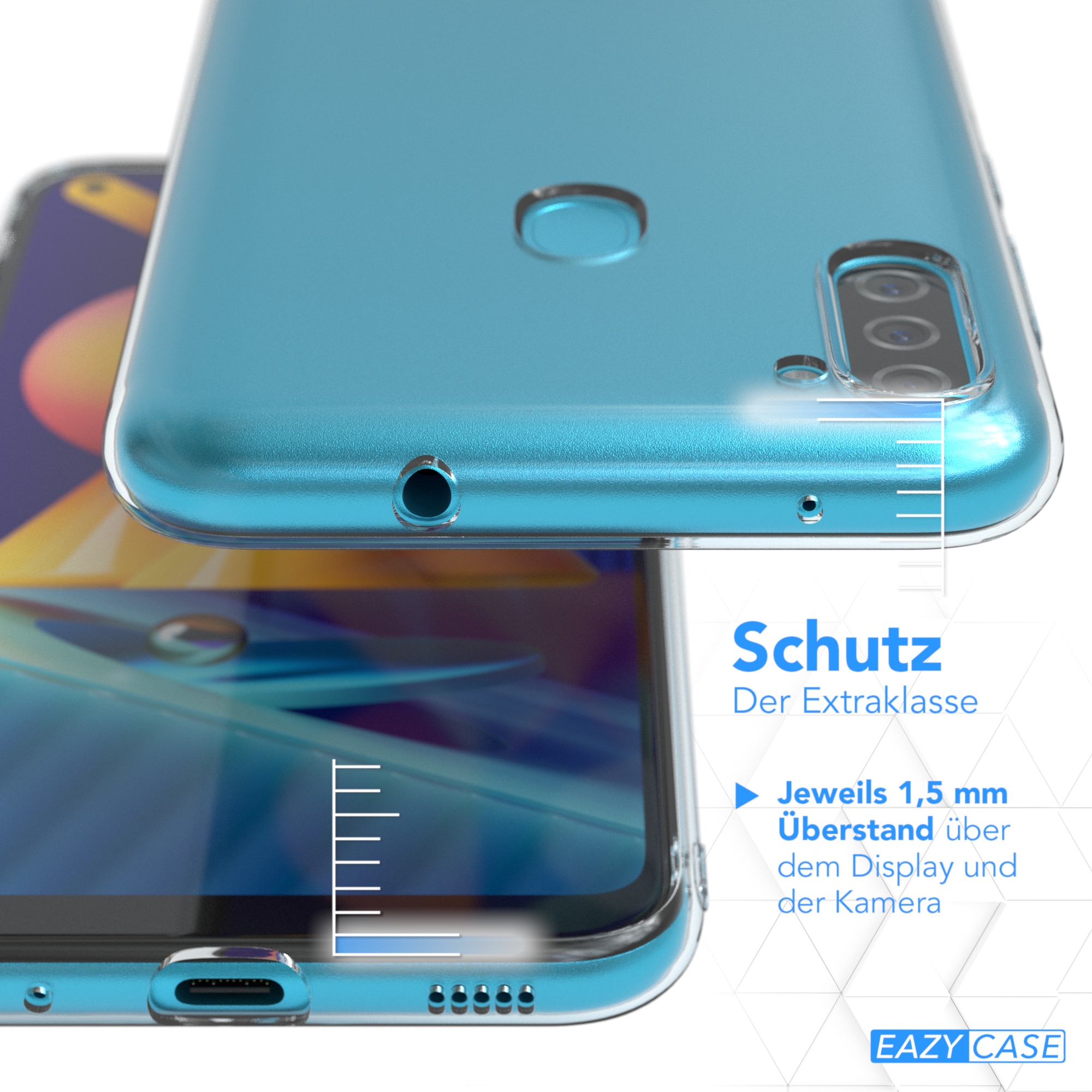 Eine Handyhülle auf einem Telefon. Text sagt 'Schutz' und Details zur Hülle.