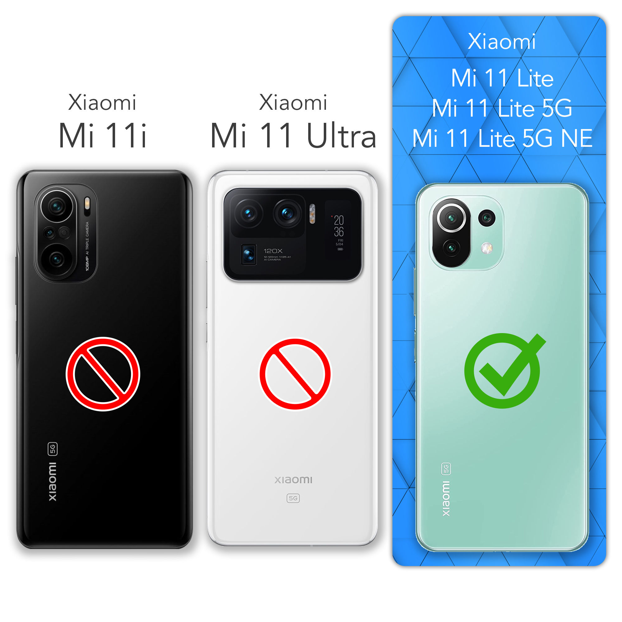 Drei Telefone; Xiaomi Mi 11i (Nein), Mi 11 Ultra (Nein) und Mi 11 Lite 5G NE (Ja), auf hellem Hintergrund.