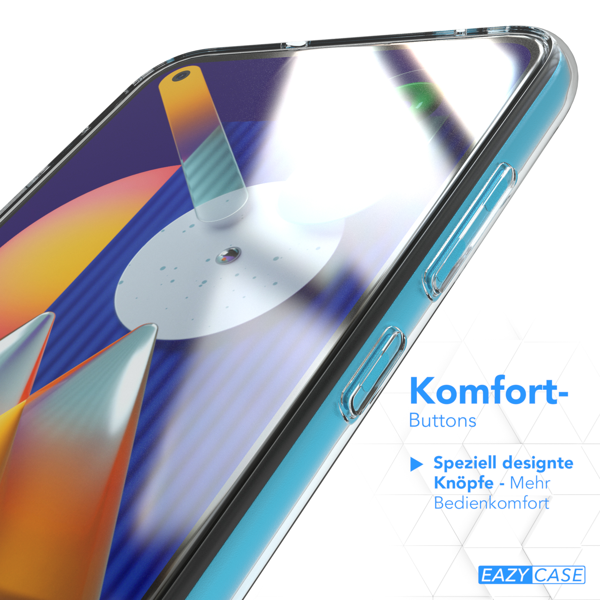 Eine transparente Handyhülle mit sichtbaren Knöpfen. Text beschreibt die Komfort-Tasten.