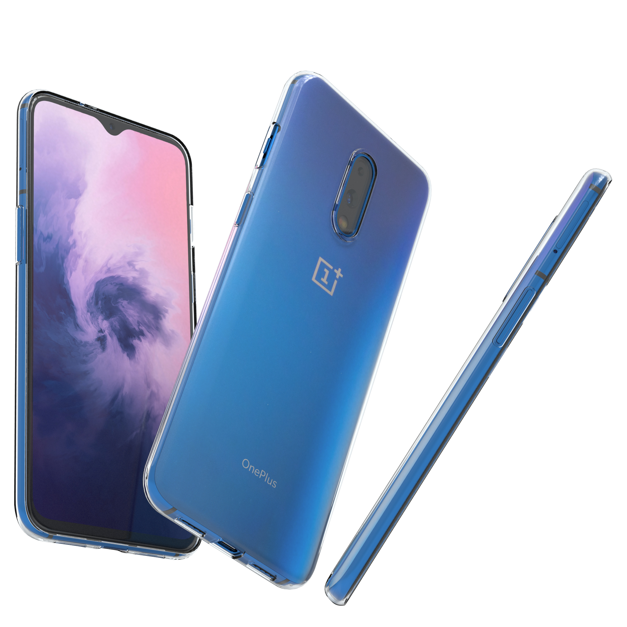 Ein blaues OnePlus-Telefon in einer transparenten Hülle, mit zwei weiteren Ansichten, die die Seite und Rückseite zeigen.