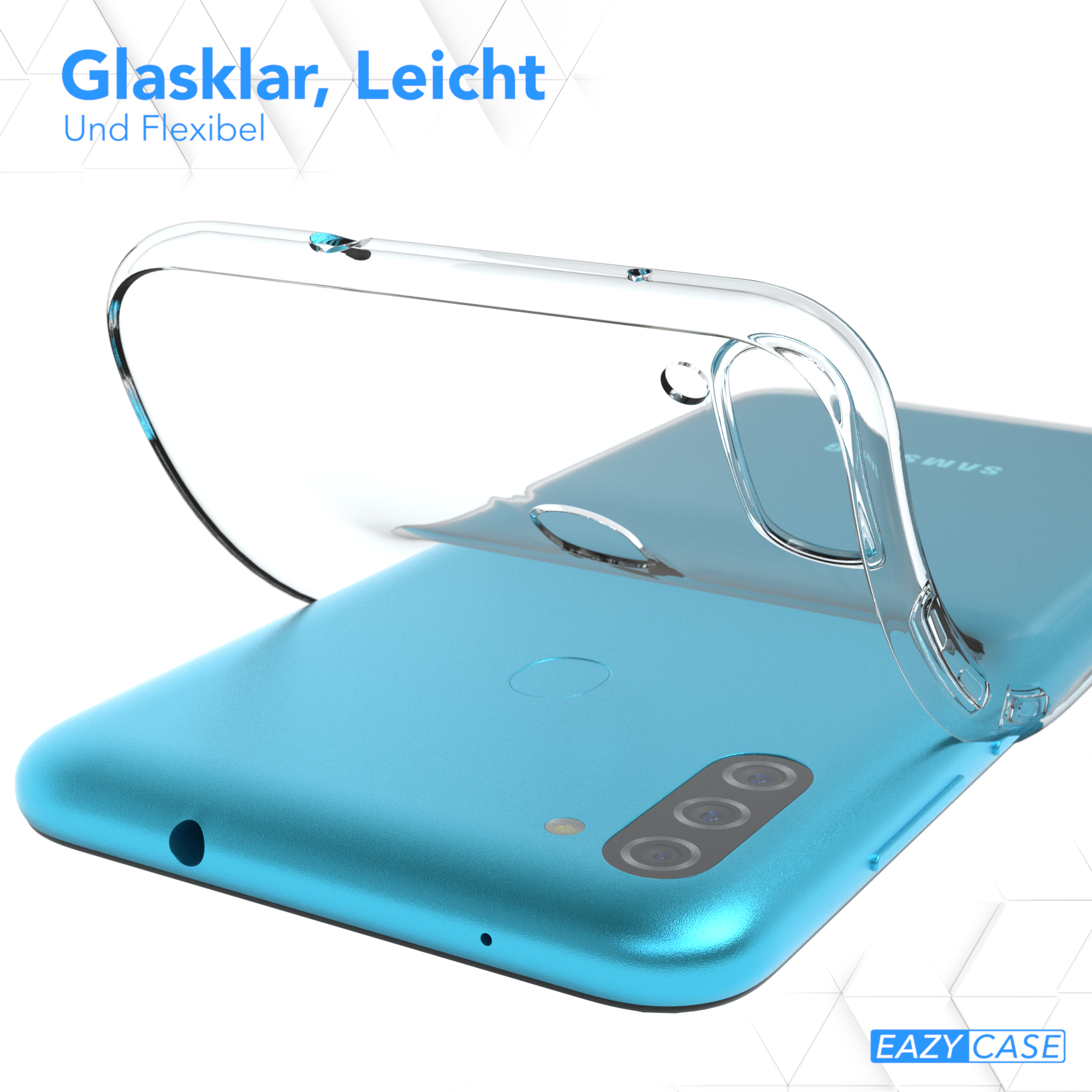 Eine transparente Handyhülle auf einem blauen Telefon, die die Funktionen des Telefons zeigt, Eazy Case-Logo.